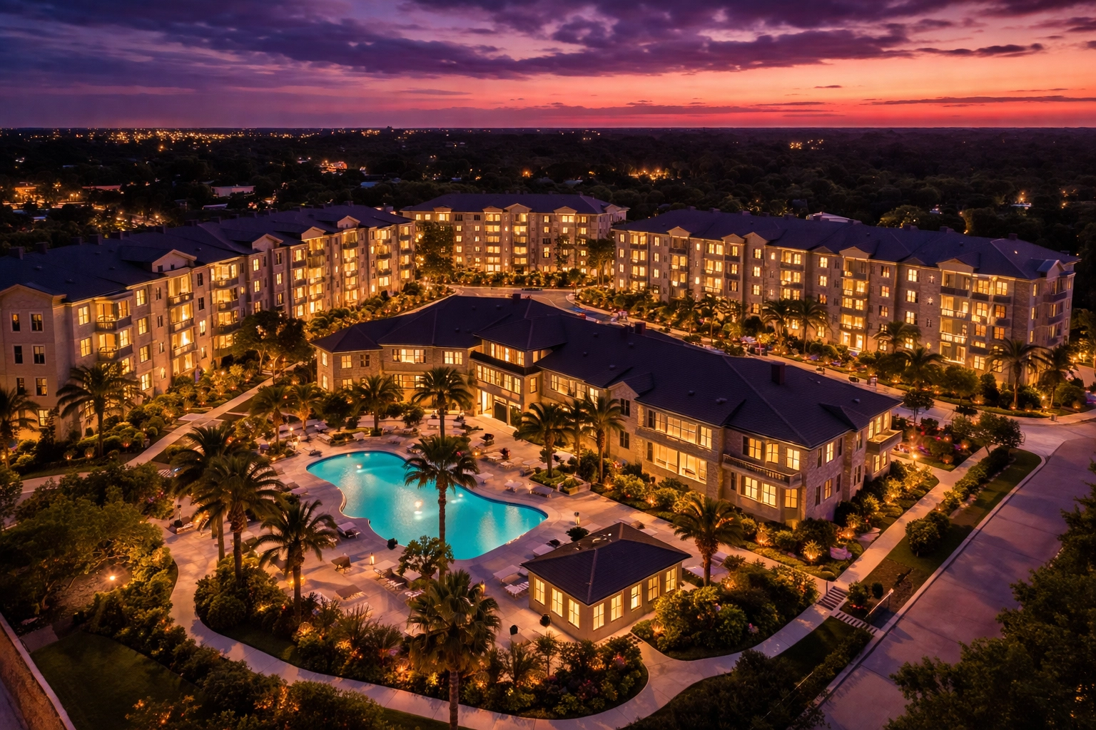 Aerial view of a luxury apartment complex at sunset, highlighting real estate syndication investments.