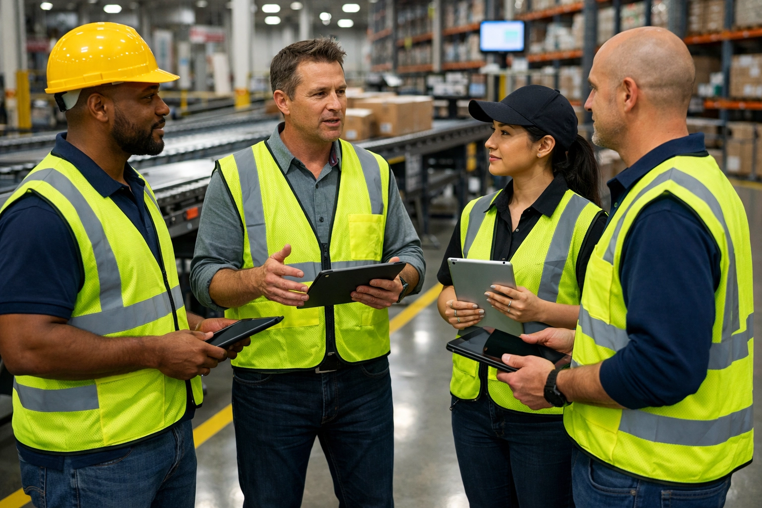Warehouse team in safety vests conducting a morning stand-up to ensure structured logistics and speed.