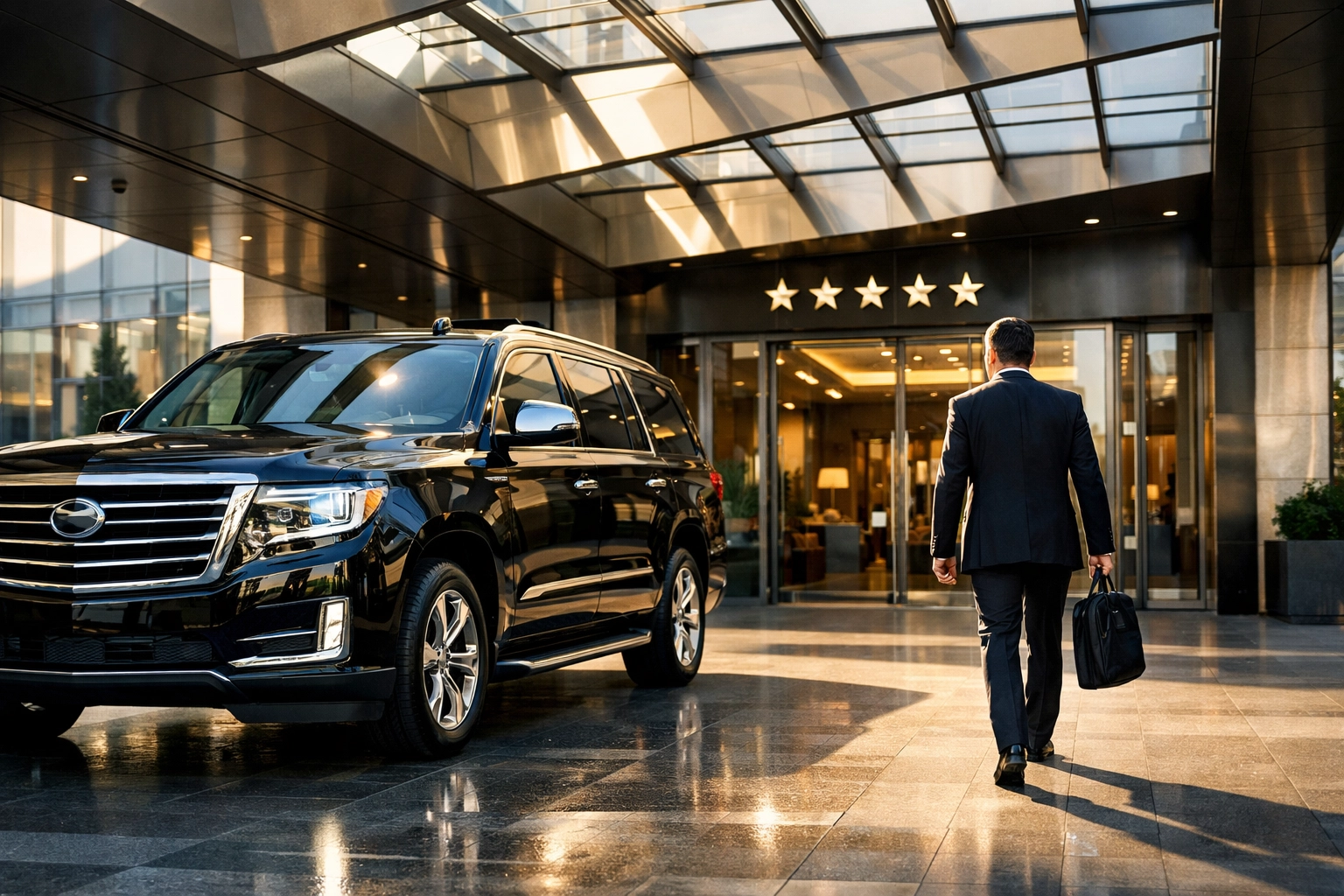 A luxury chauffeur-driven SUV at a five-star hotel for seamless Super Bowl executive travel.