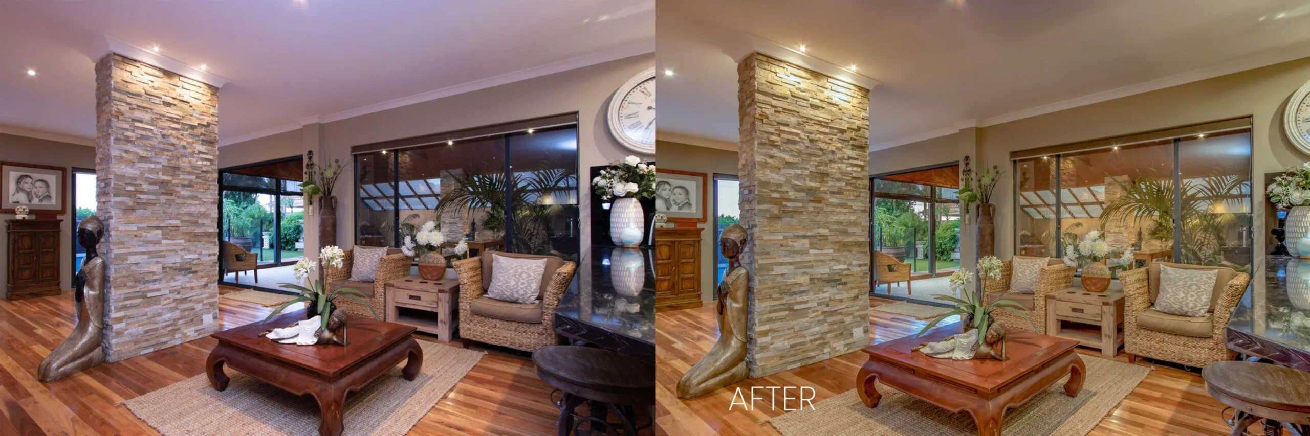 Side-by-side comparison of a living room before and after Southside Media’s real estate photography editing