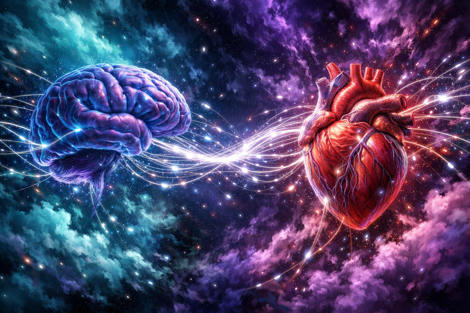 A heart and brain connected by light in a cosmic sky showing how high performing leaders access flow.