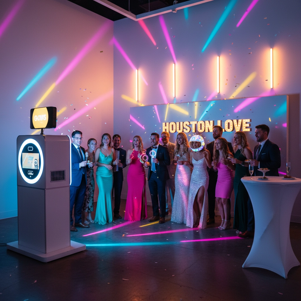 People posing at a party with colorful lights and confetti. "HOUSTON LOVE" sign in the background. Happy mood, formal attire.