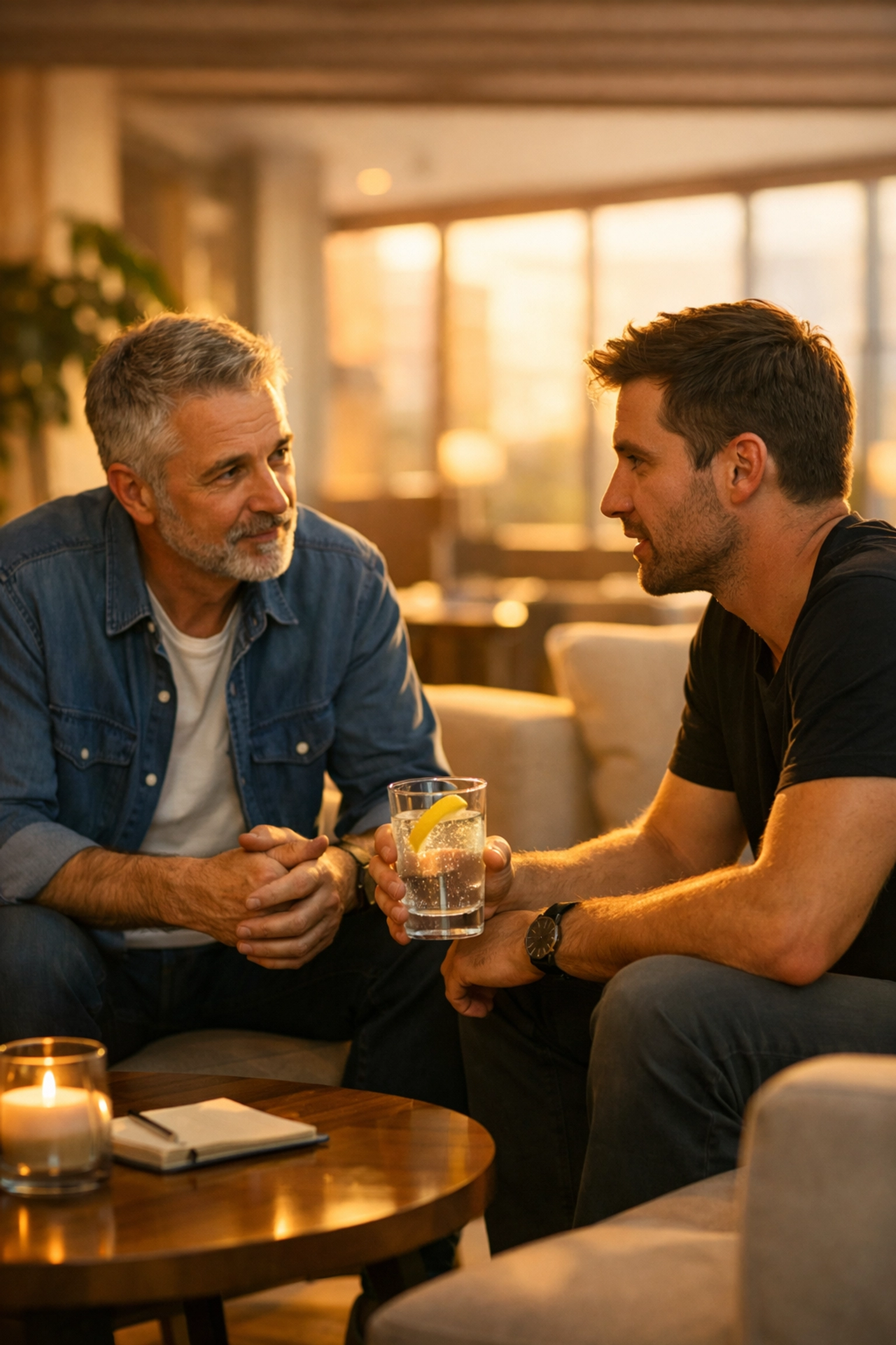 Sober mentor coaching entrepreneur through business triggers over sparkling water