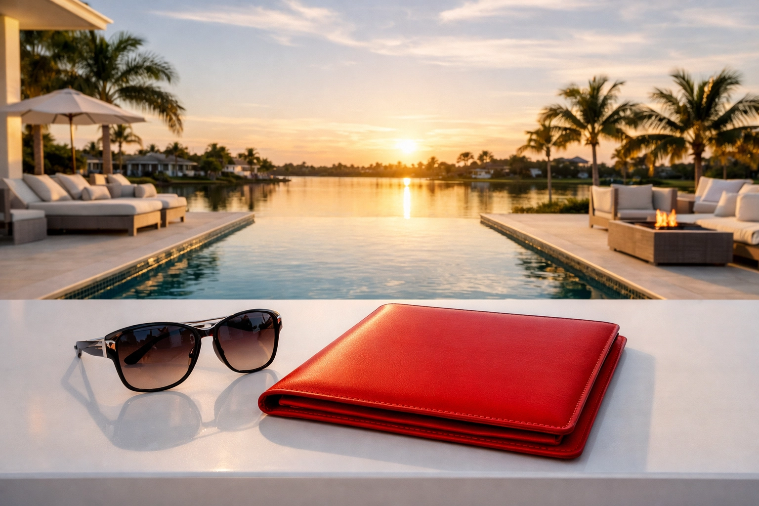 The Weston Retirement Blueprint: Navigating Your Golden Years in South Florida 4 Luxury South Florida terrace with a financial planning portfolio overlooking an infinity pool and palms at sunset.