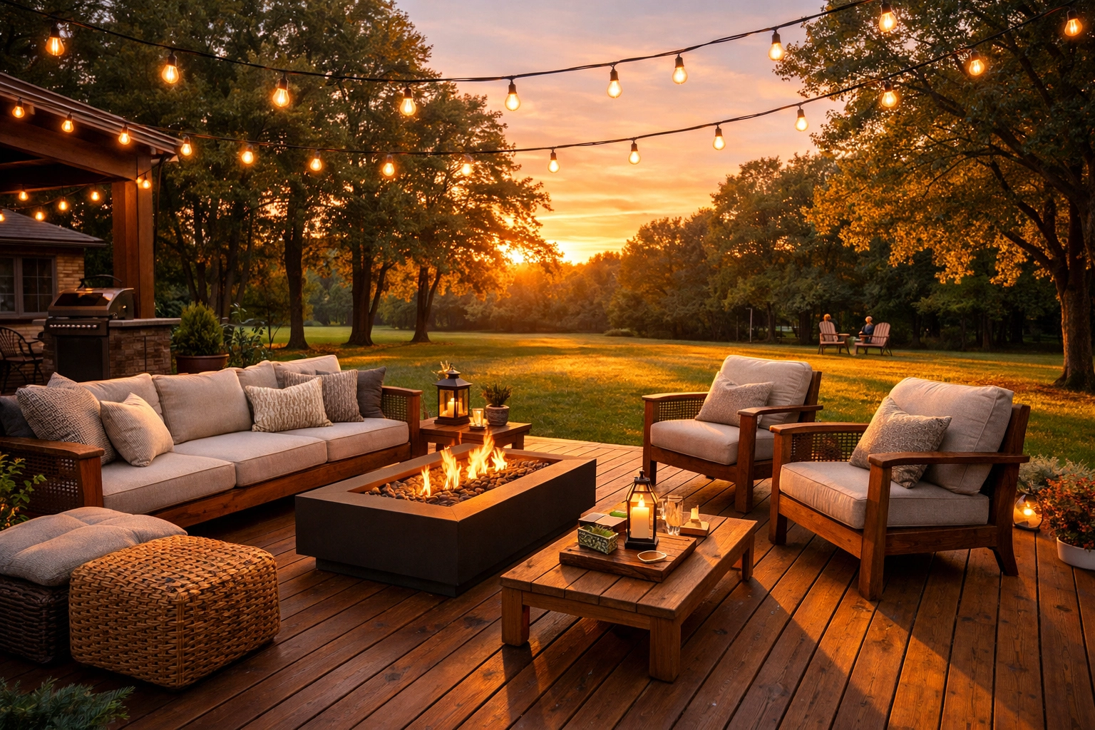 Inviting outdoor living space and wooden deck in a Triad backyard during a beautiful golden hour.