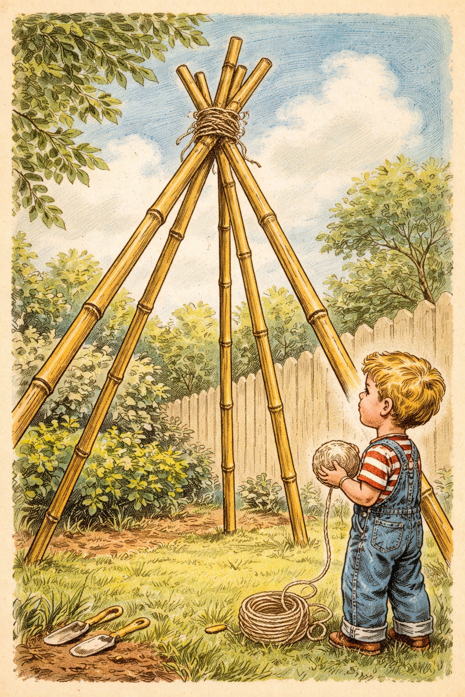 Child watching bamboo poles being tied to form a bean teepee frame for an outdoor garden structure