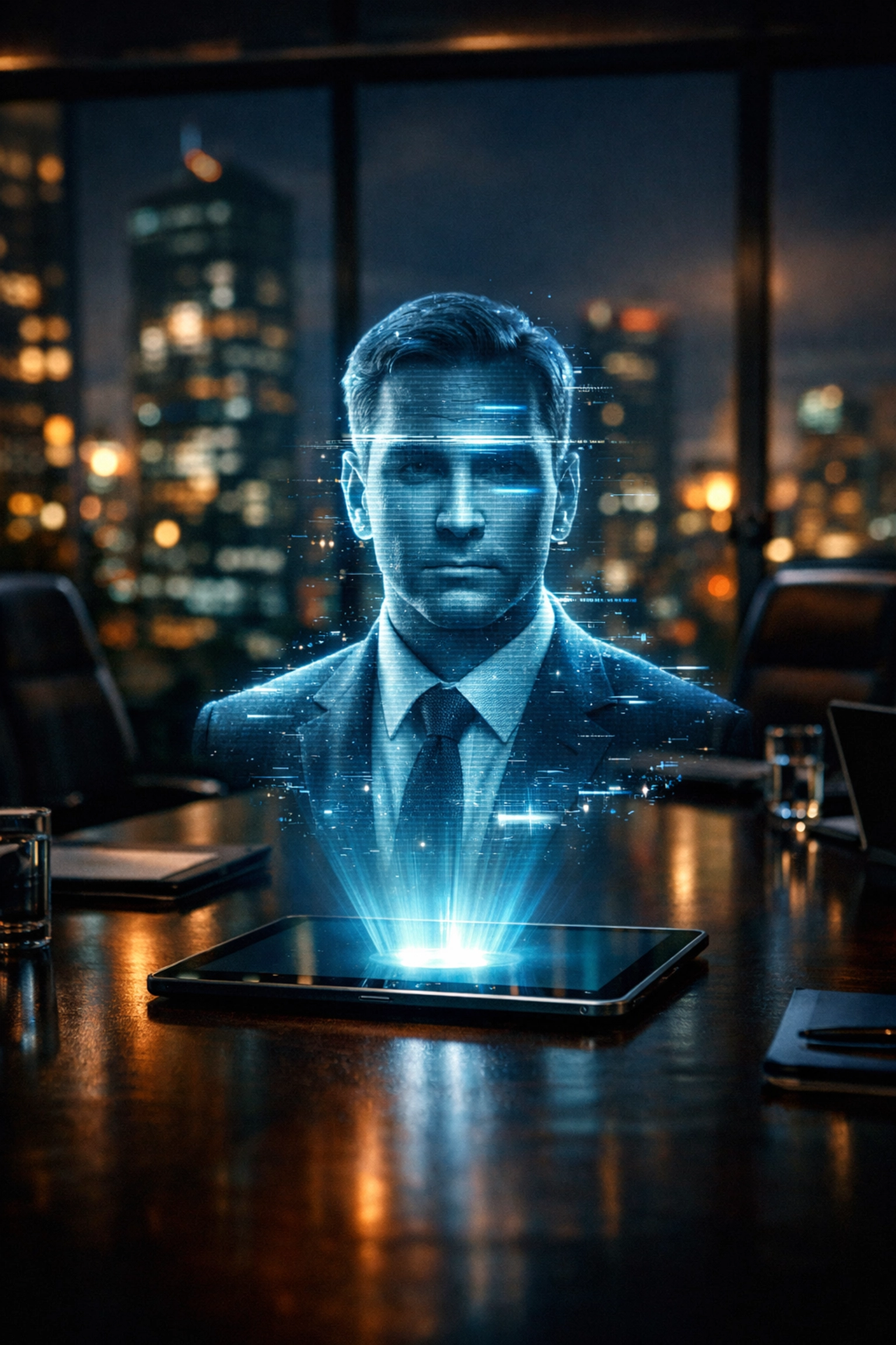 Holographic deepfake display in a boardroom showing the risk of AI-powered identity theft.