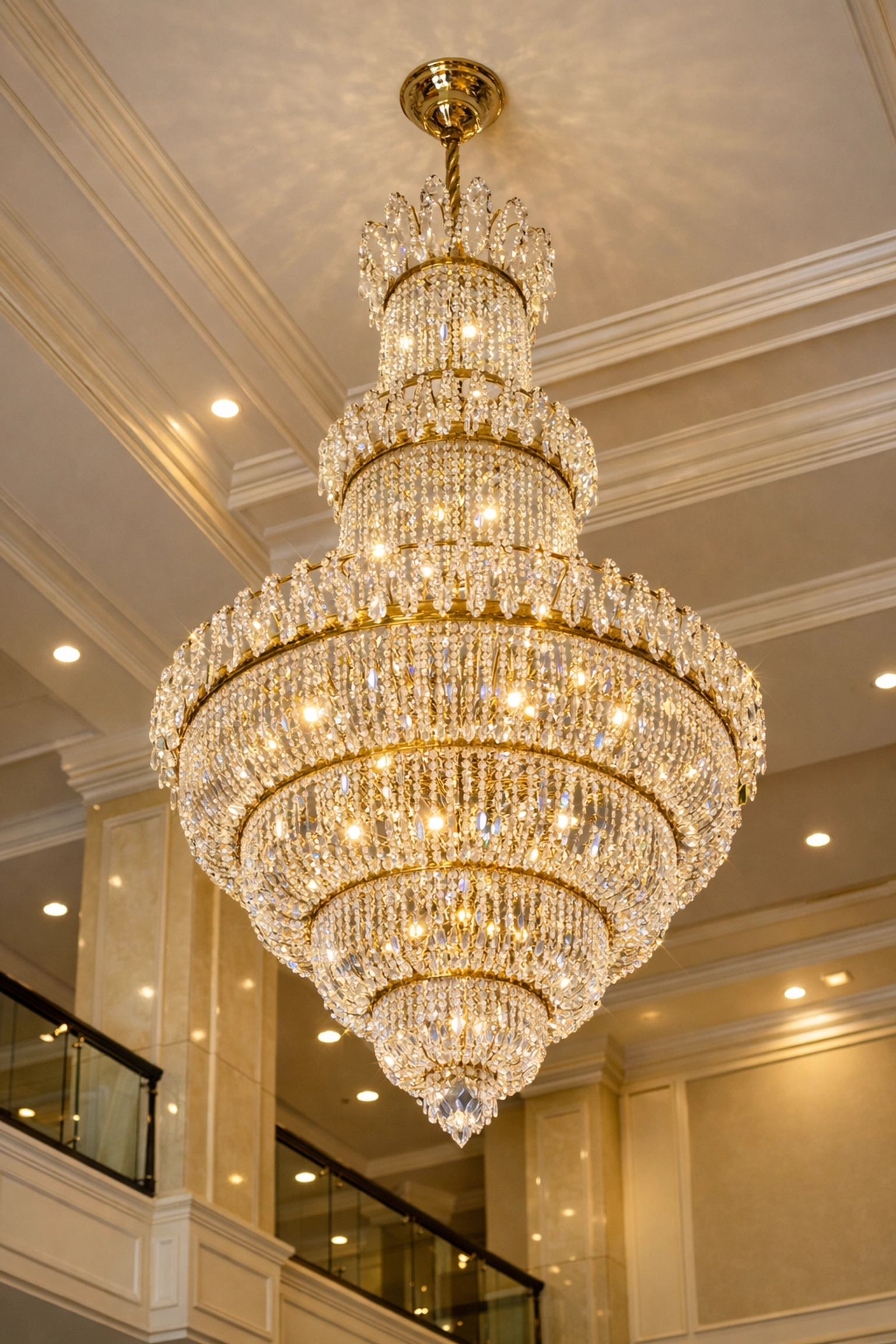 Impeccably clean crystal chandelier in a luxury Westchester commercial lobby after specialty cleaning.
