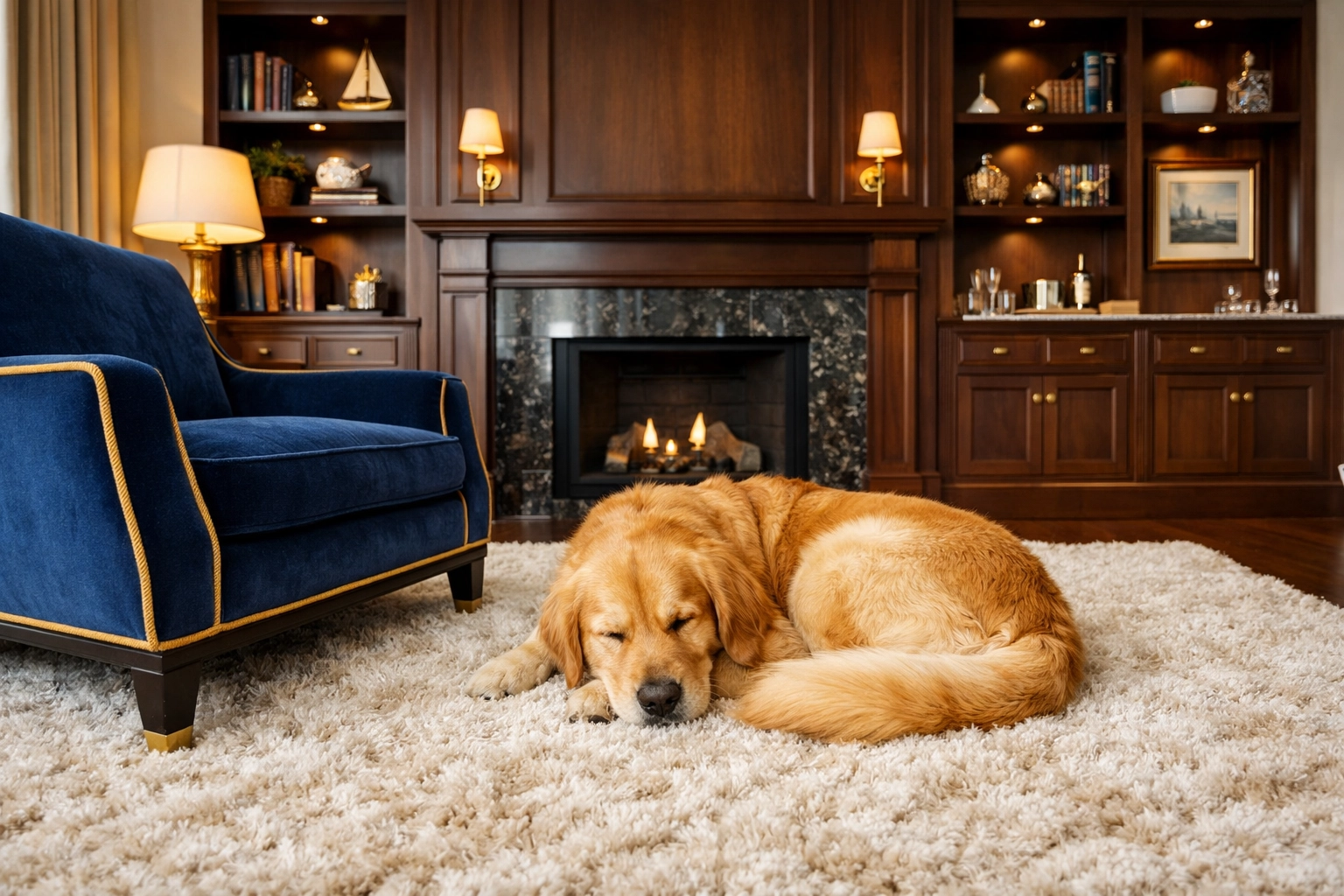 A clean Marblehead home lounge with a dog resting on a dander-free rug after professional cleaning.