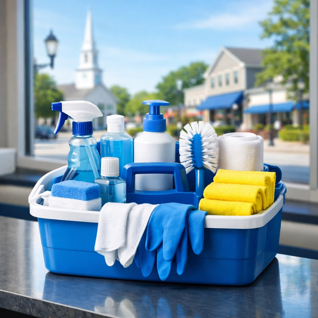 Organized professional cleaning supplies ready for high-quality commercial cleaning services in Northborough.