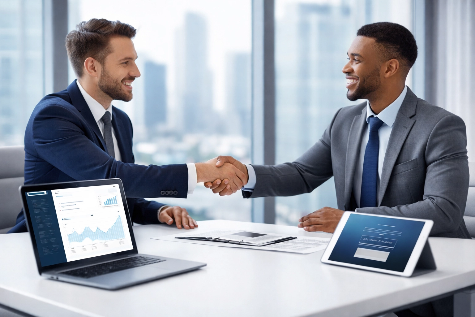 Two professionals shaking hands in office, finalizing ACH payment processing partnership