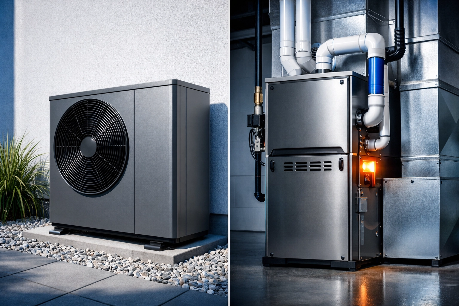 Dual-fuel hybrid heating system split-screen showing a modern outdoor heat pump and high-efficiency gas furnace.