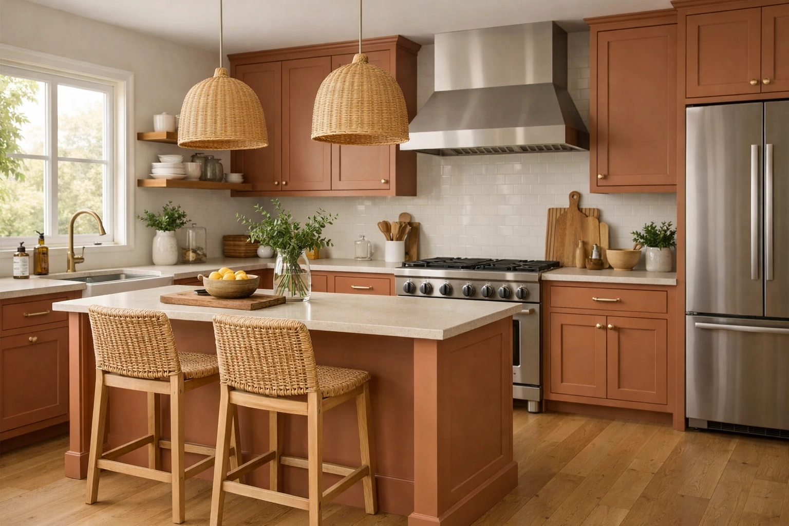 Kitchen featuring terracotta spray painted cabinets with natural light and styling
