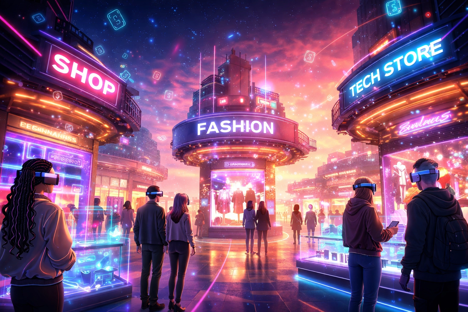 Virtual metaverse shopping district with avatar customers, highlighting immersive crypto commerce and social shopping.