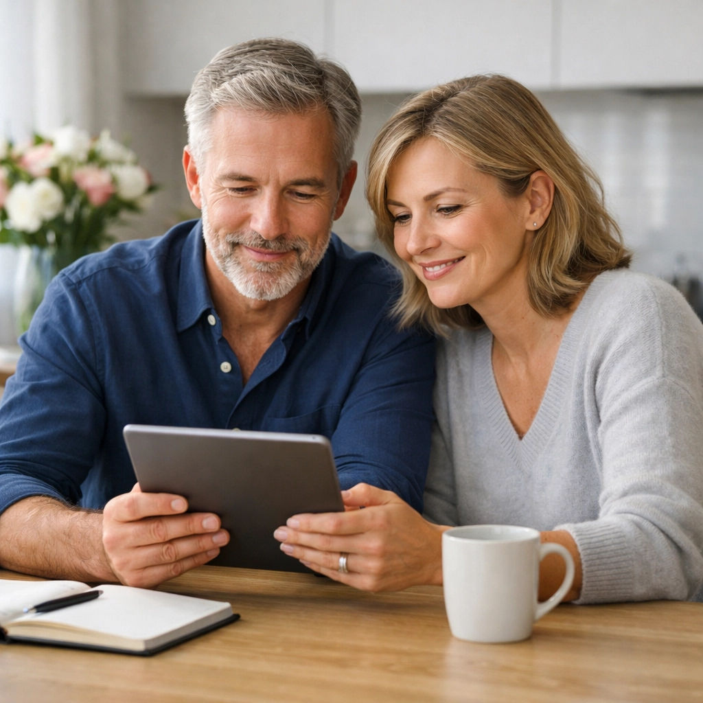 A couple proactively planning for 2026 Medi-Cal changes and benefit requirements at their kitchen table.
