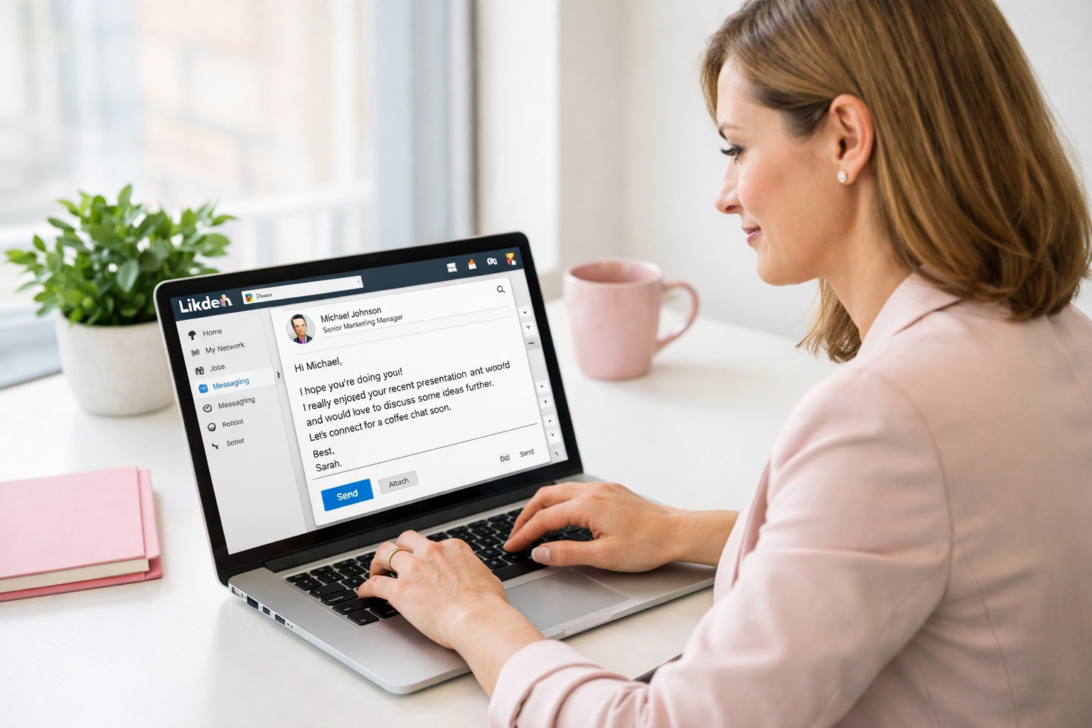 Professional writing personalized LinkedIn DM for B2B lead generation outreach