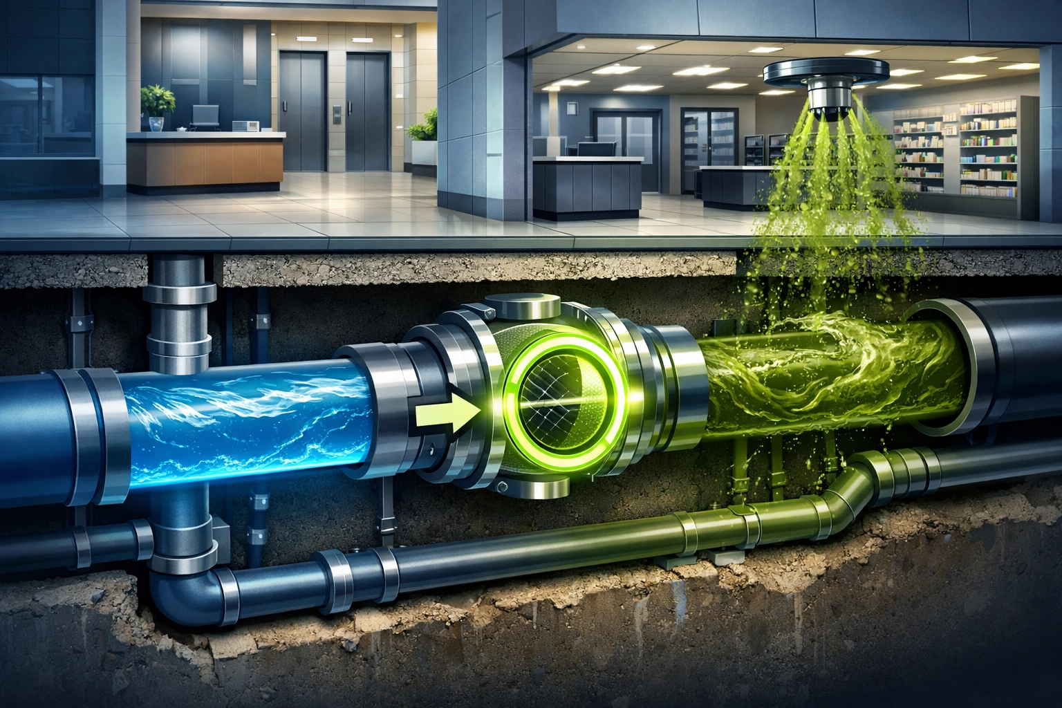 Illustration of a backflow preventer valve blocking contaminated water from entering a clean supply.