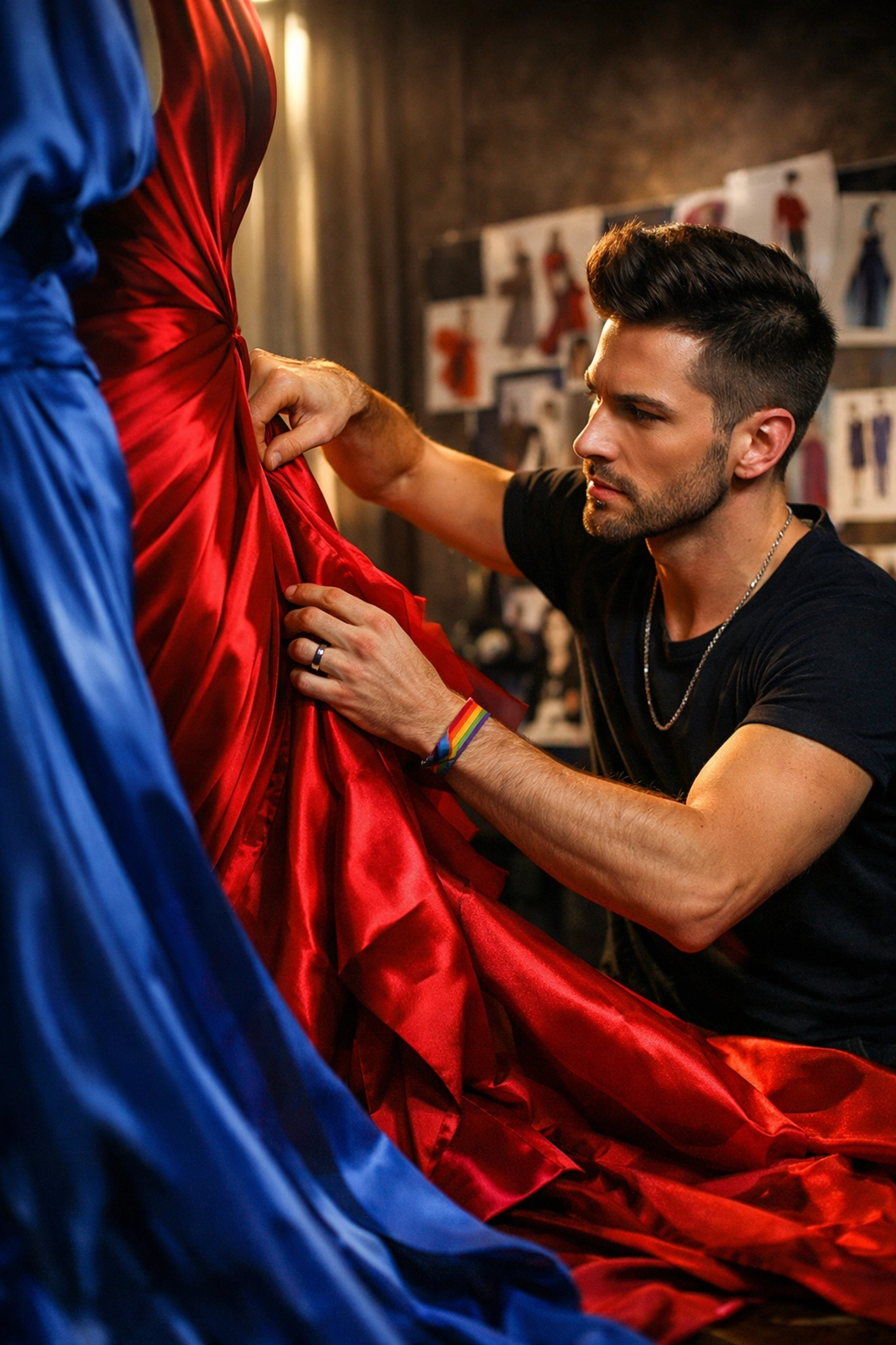 Contemporary gay stylist preparing red carpet look in modern Hollywood styling studio