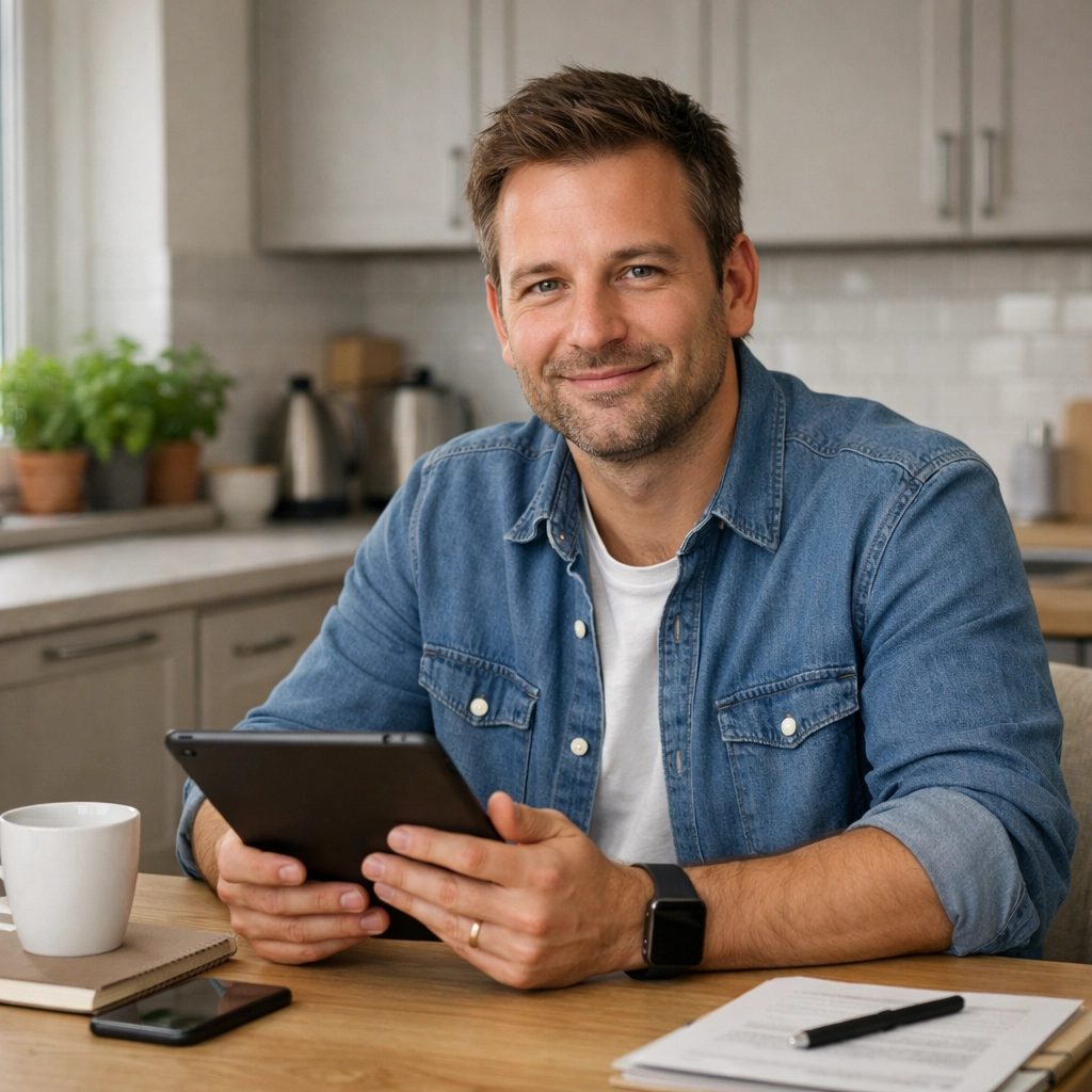 Relaxed man sitting at home researching installment loans in Canada on his tablet.