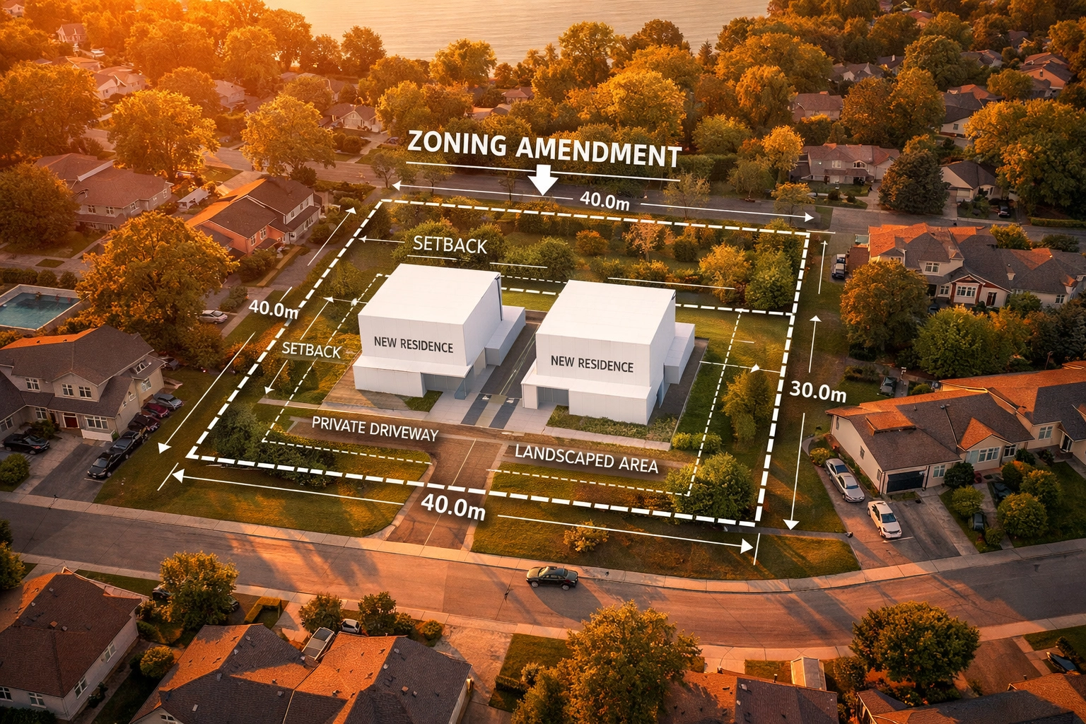 Drone view of an Ontario residential lot showing a proposed zoning amendment for multi-unit development.