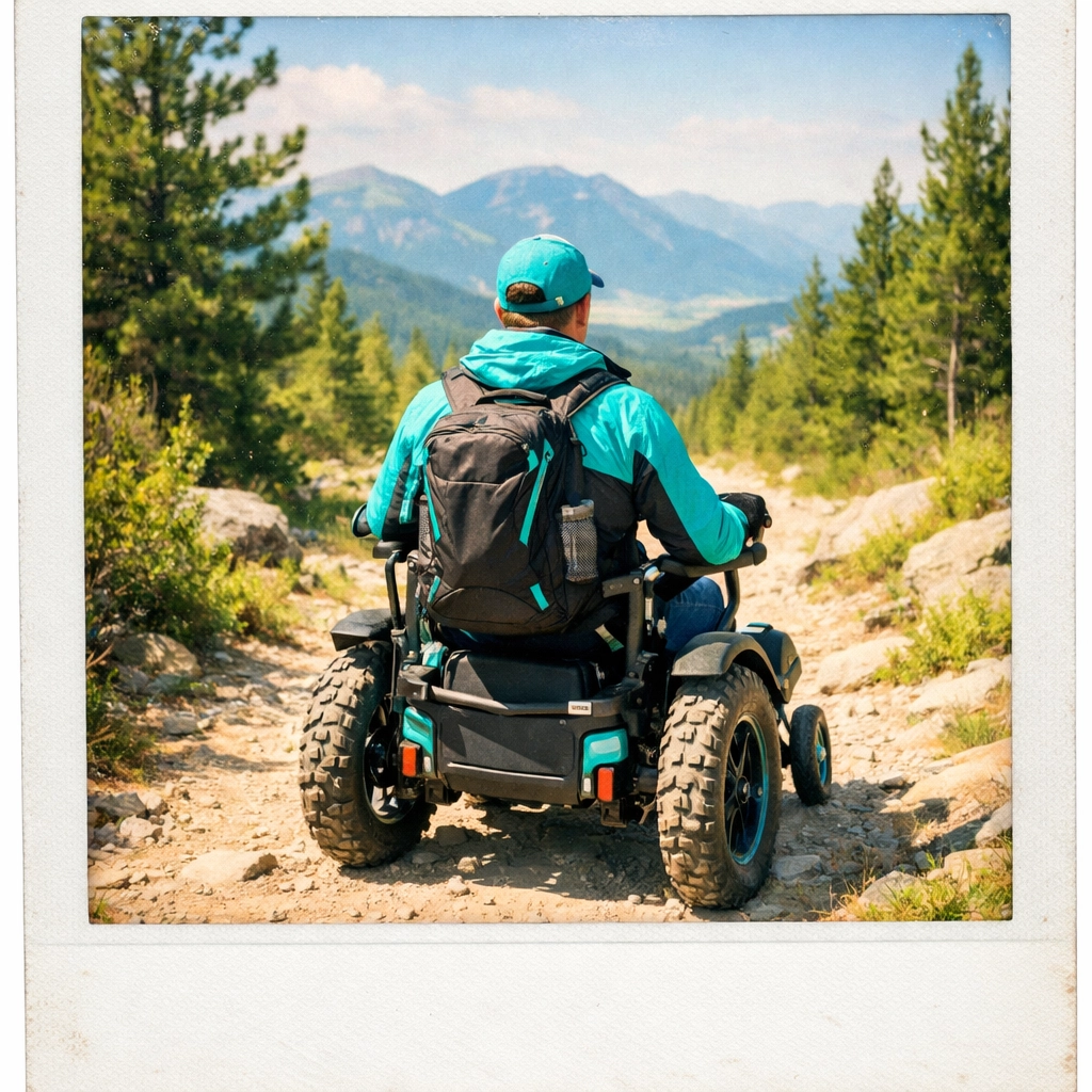 A traveler using an all-terrain wheelchair on a scenic mountain trail, demonstrating modern adventure travel accessibility.
