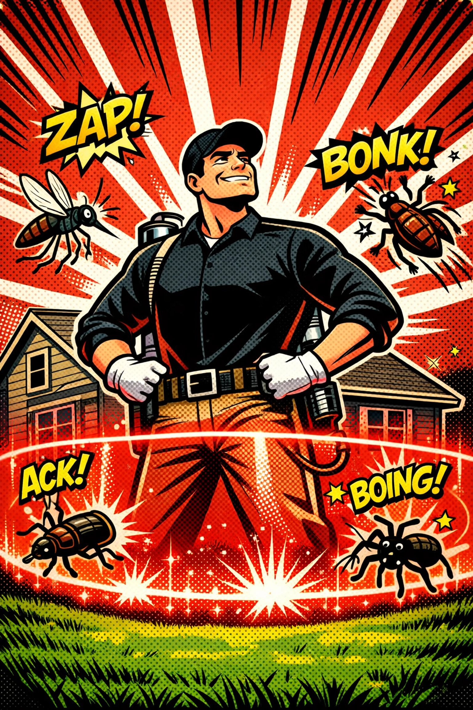 A Pest X technician applying a 3ft barrier guarantee for pest control in Winston County.