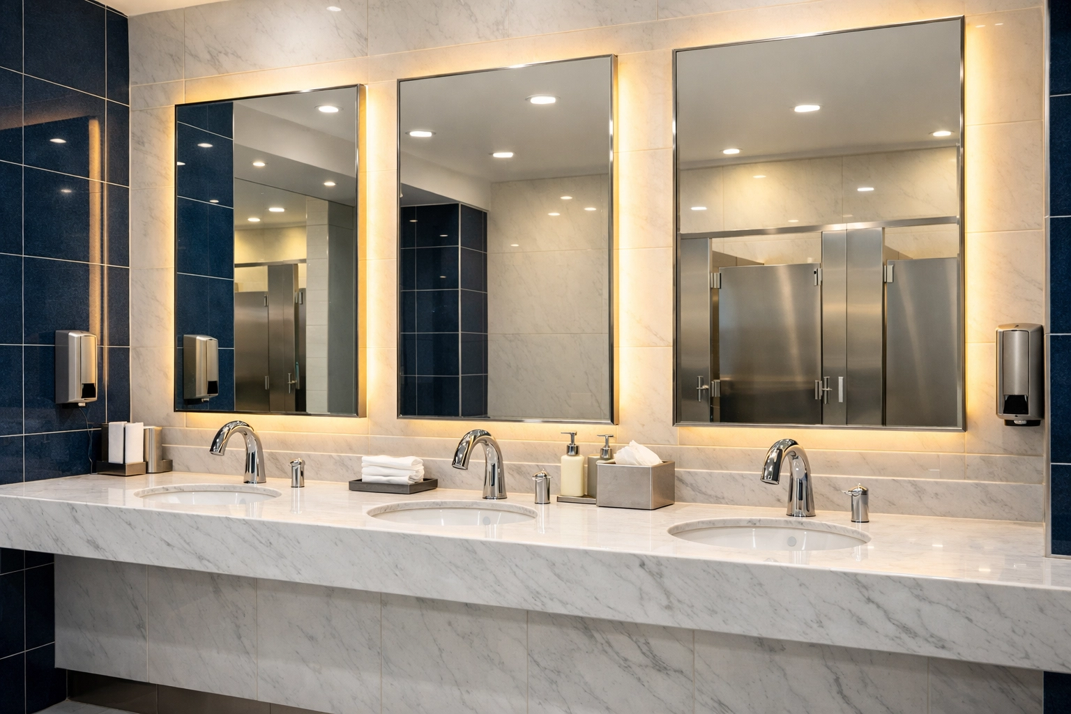Sparkling clean commercial restroom with marble counters, part of comprehensive janitorial services Worcester MA.
