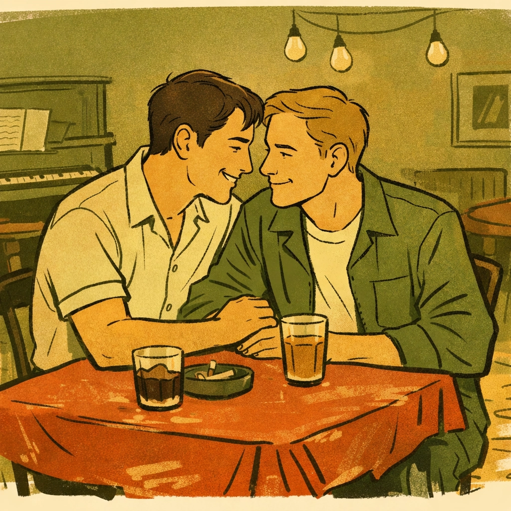 Gay couple at intimate table inside 1950s underground bohemian bar with piano