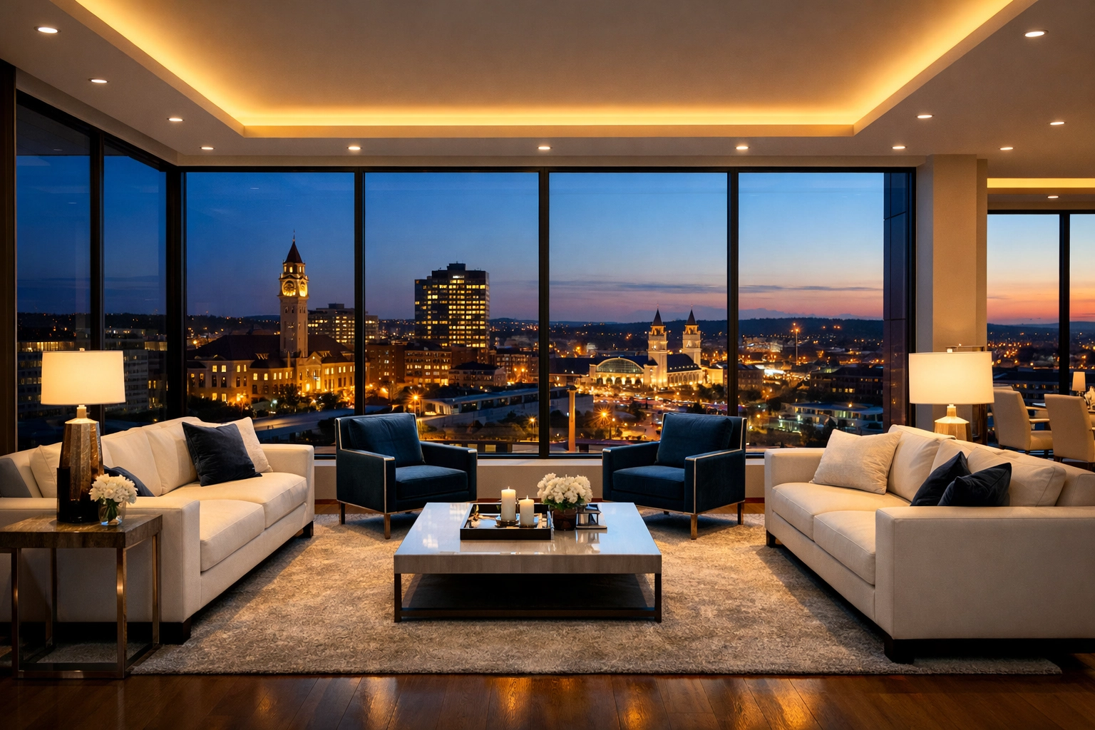 Pristine luxury living room overlooking the city after high-quality house cleaning Worcester MA service.