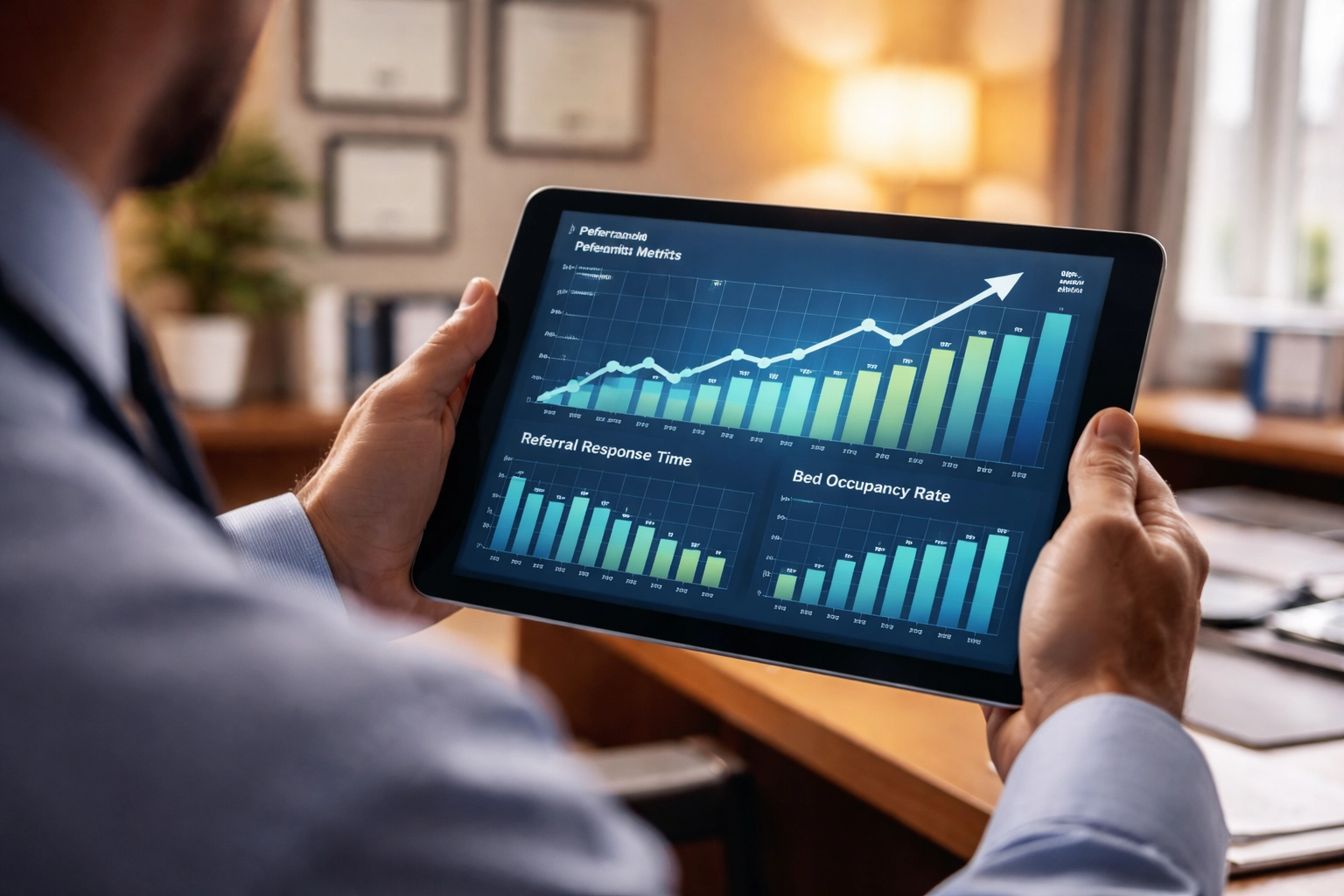 Healthcare executive analyzing referral response metrics and bed occupancy rates on a tablet, optimizing SNF veteran admissions efficiency.