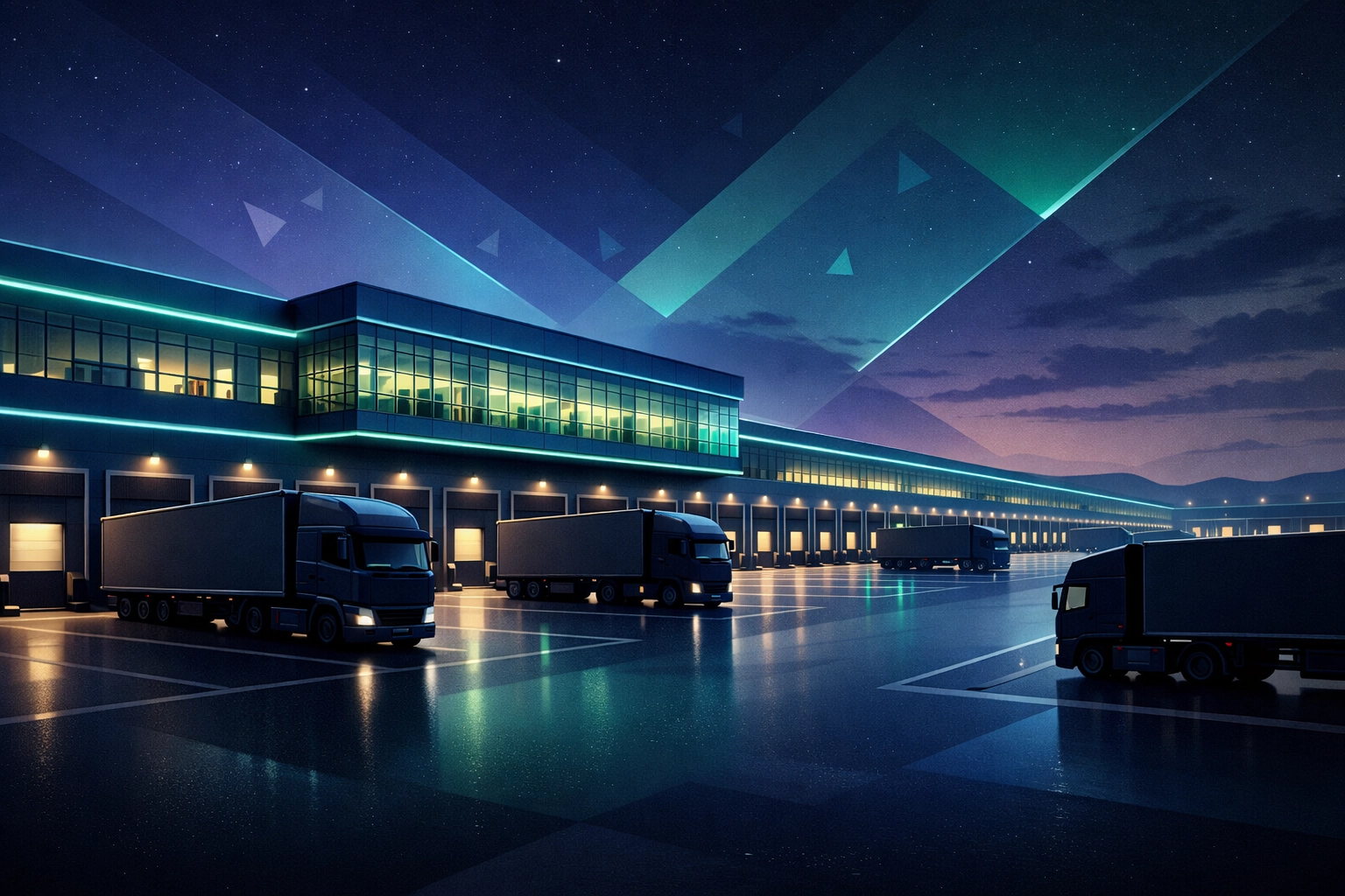Modern logistics hub in the North West with HGV silhouettes for Class 1 and Class 2 driver jobs.
