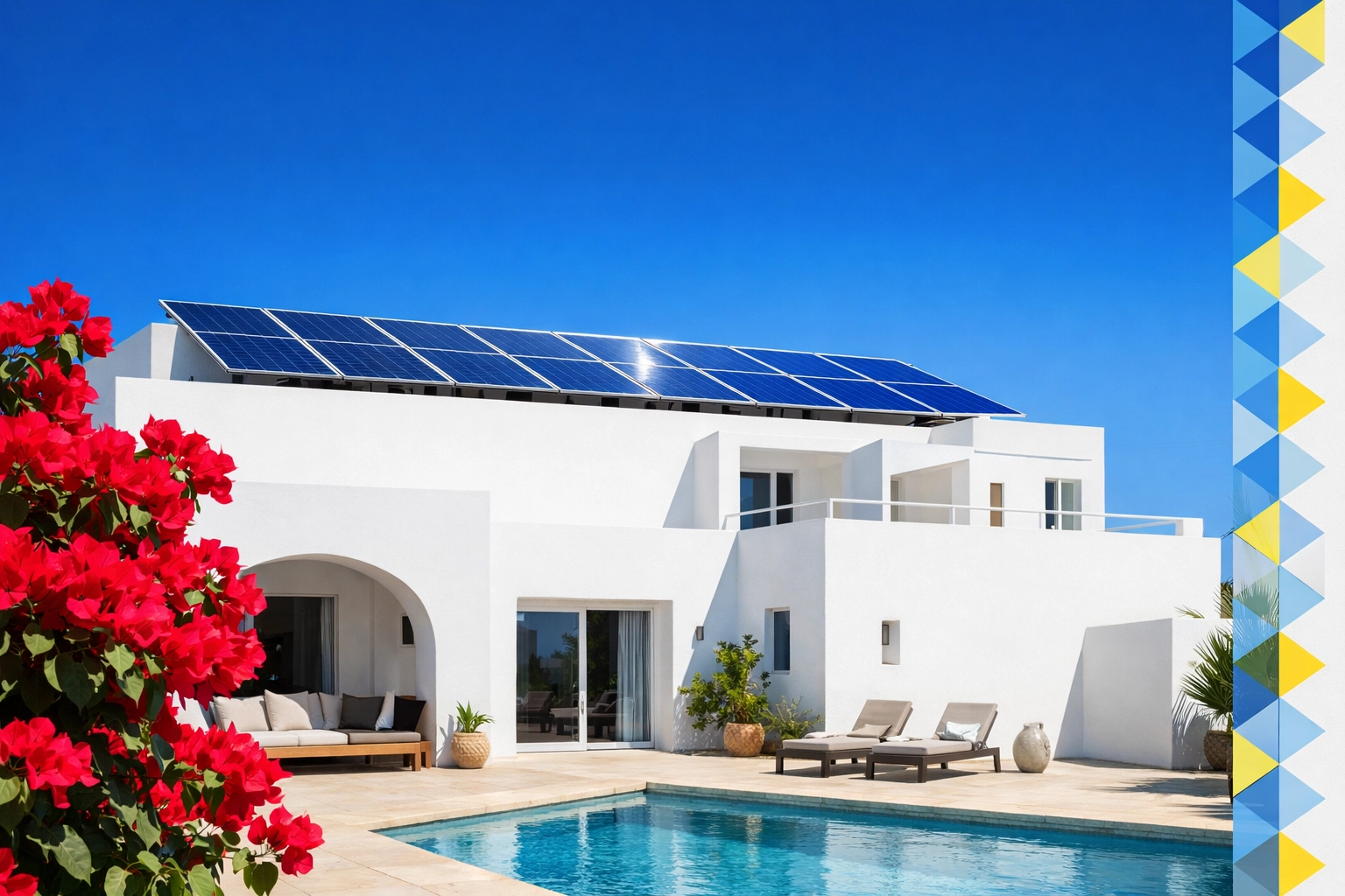 Villa tunisienne moderne avec installation de panneaux photovoltaïques en toiture pour l'autoconsommation.