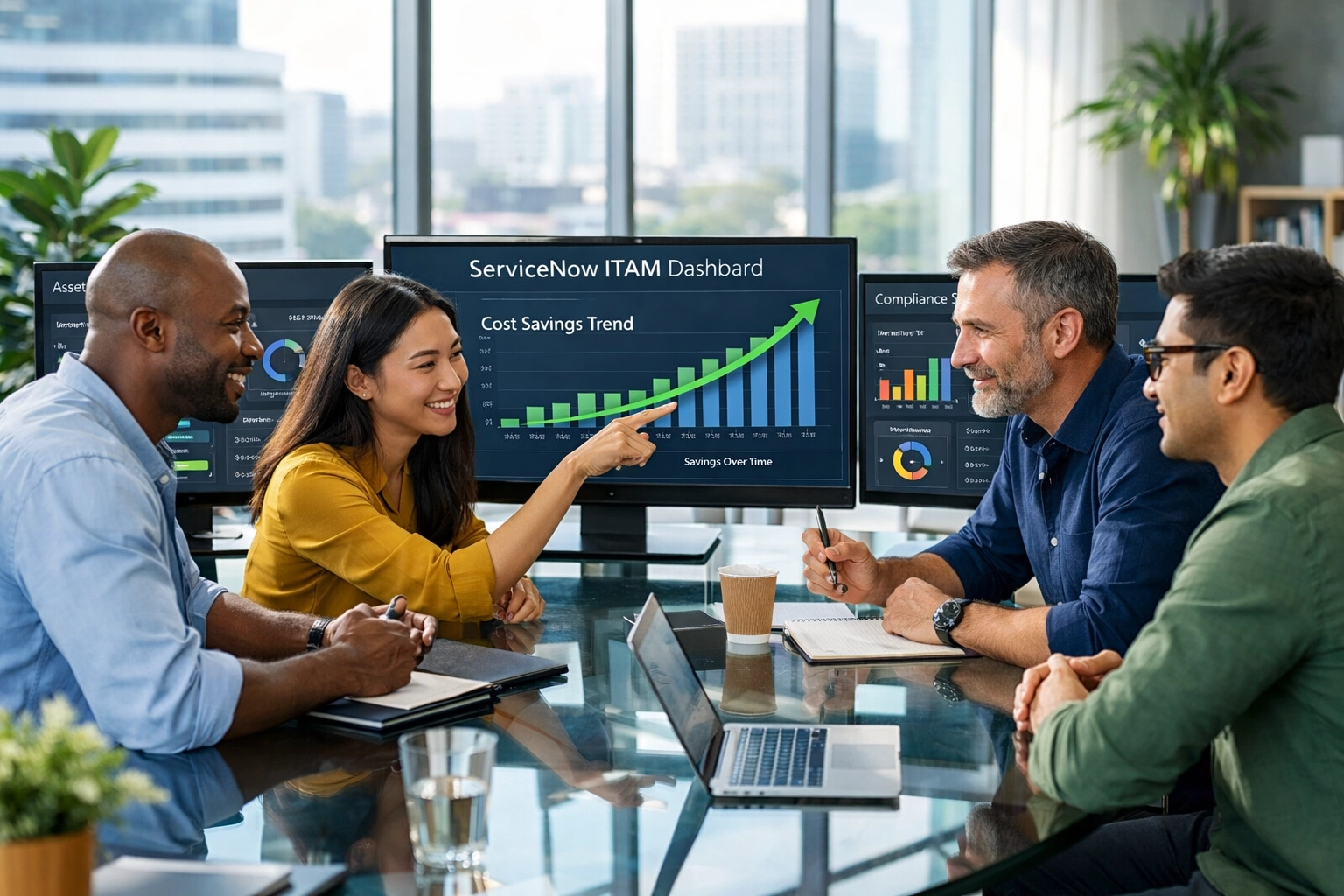 IT team reviewing ServiceNow ITAM dashboards showing license cost reduction metrics