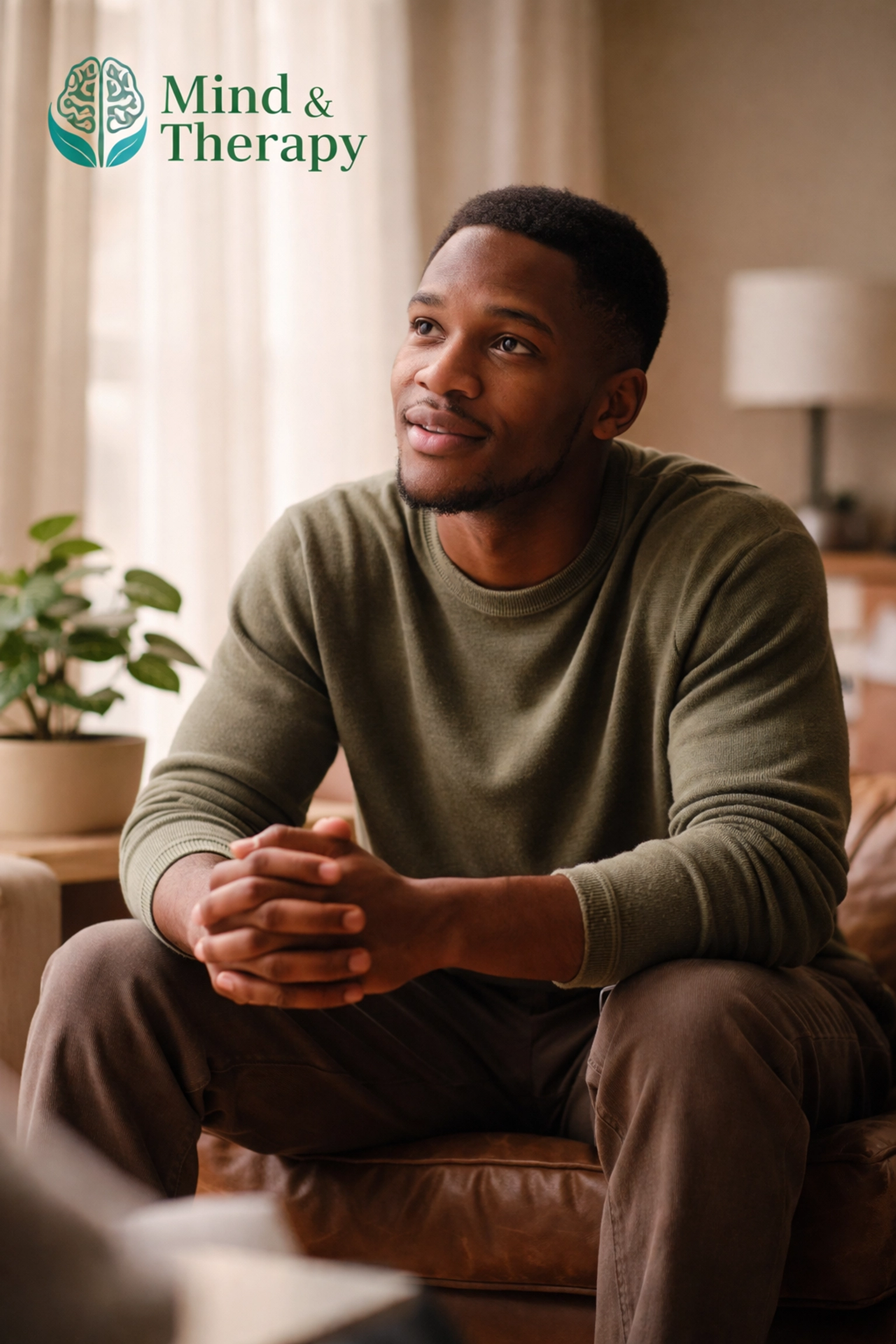 Young Black man sitting in a therapy office, deeply reflecting and embracing healing after relationship challenges