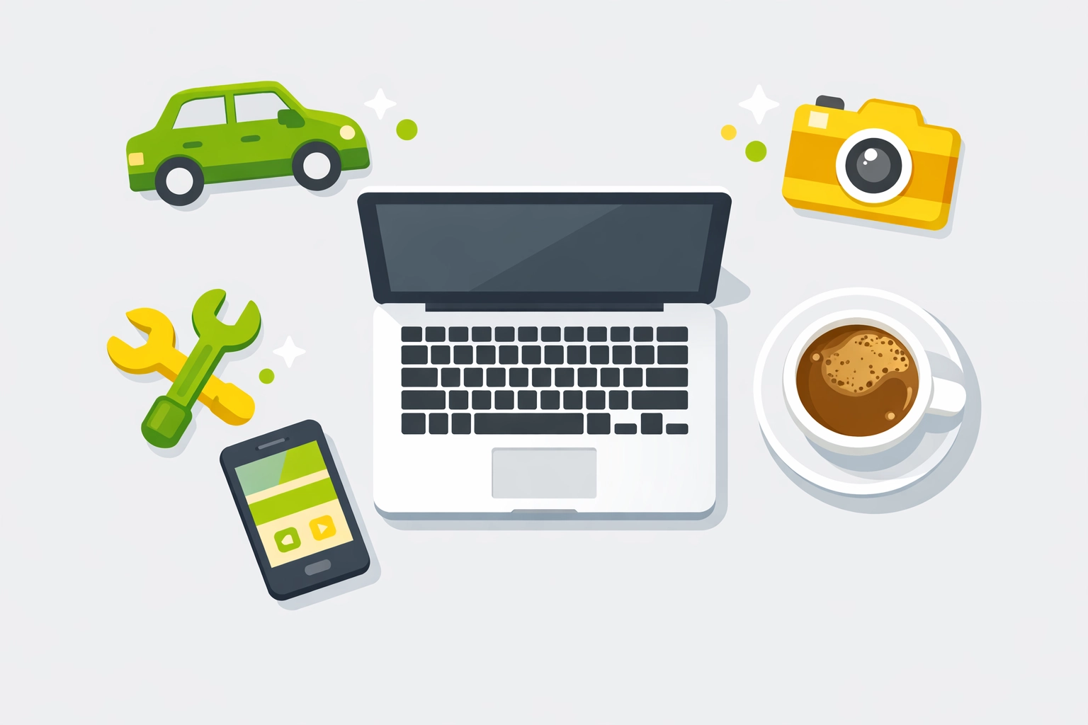 Overhead view of a professional workspace with business expense icons for side hustle tax write-offs.