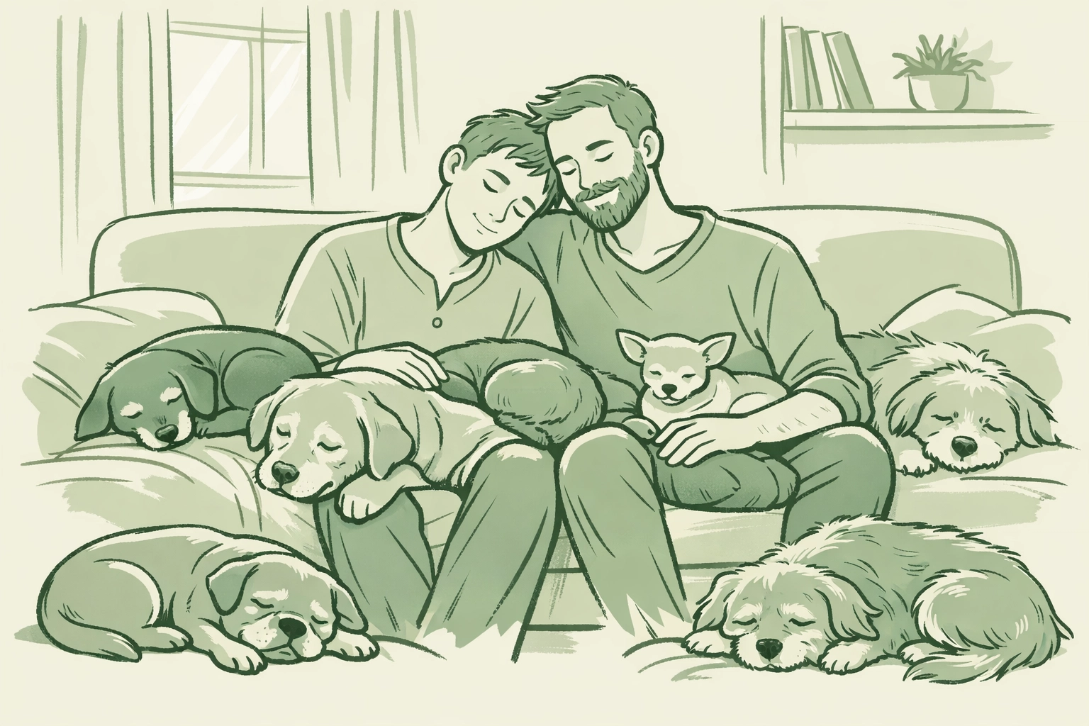 Two gay dads relaxing on sofa with rescued senior dogs in cozy home