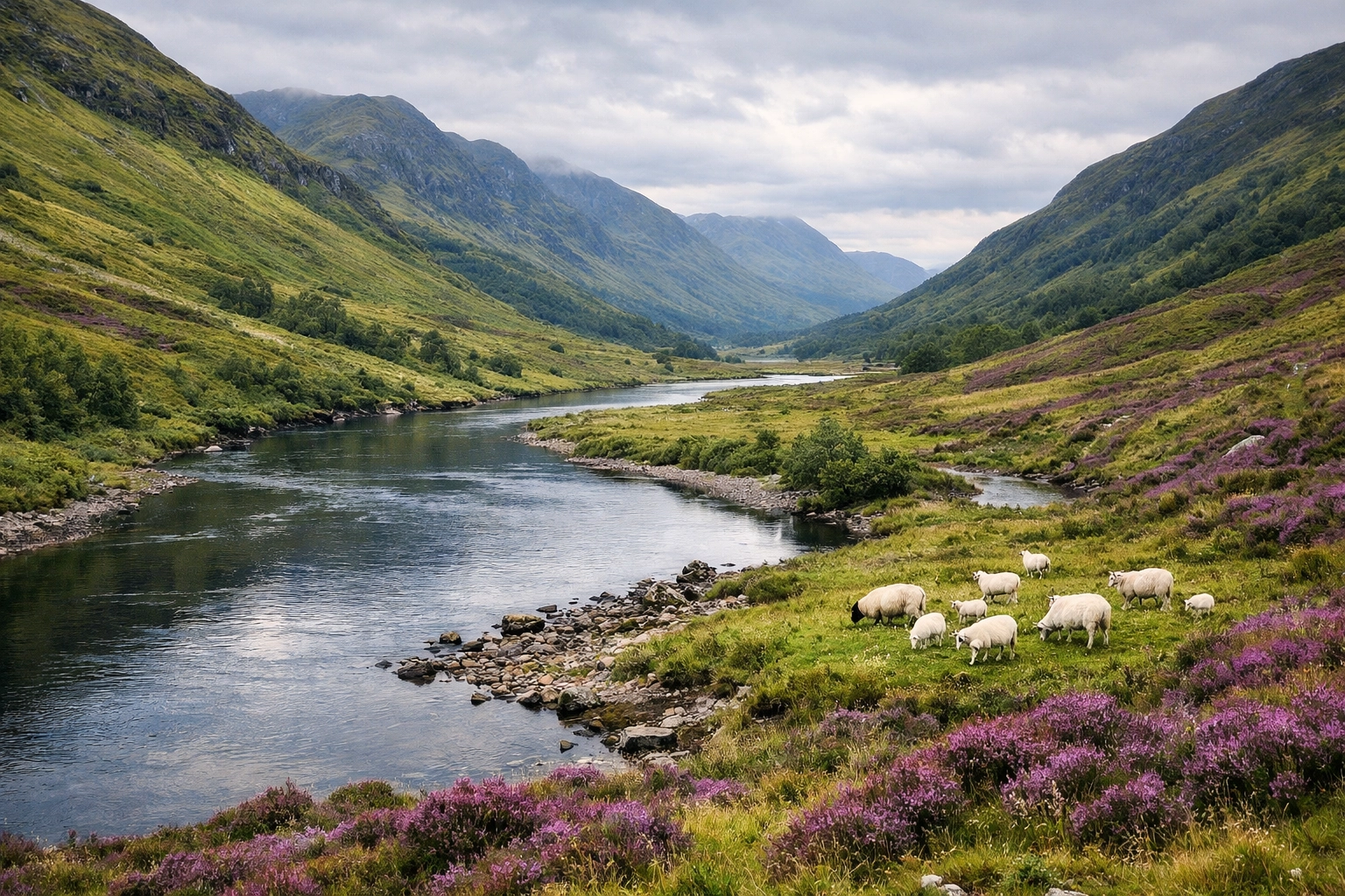 Wide view of a river in the Scottish Highlands, highlighting natural water sources in the UK.