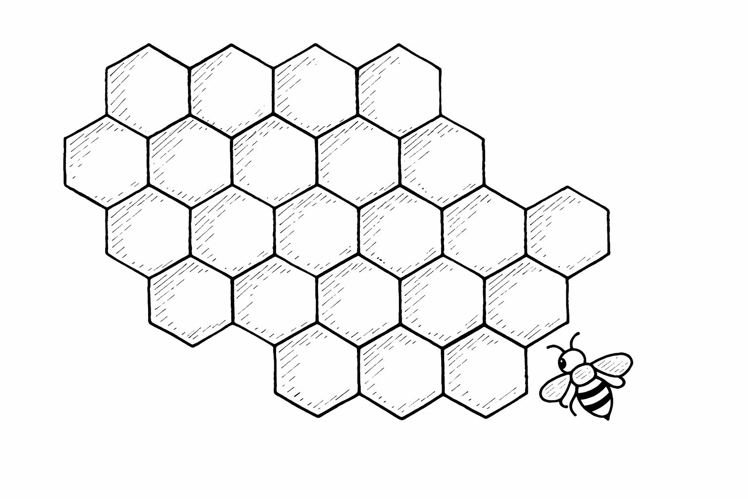 Minimalist line drawing of a honeycomb pattern (black ink on white background)