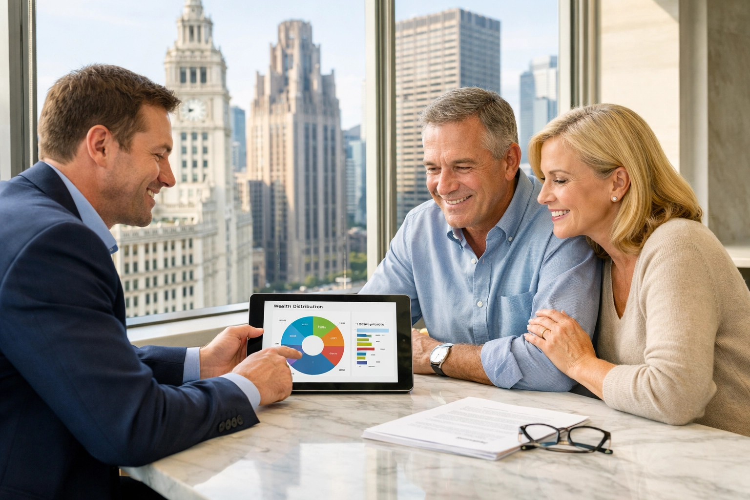 Chicago fee-only financial planner meeting with clients to discuss their retirement withdrawal strategy.