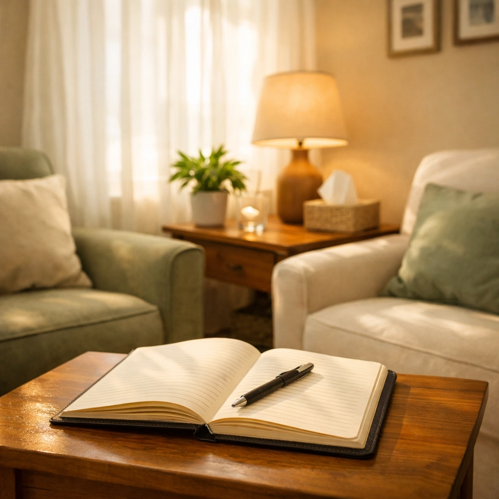 Peaceful therapy room with comfortable seating and natural light for trauma counseling sessions