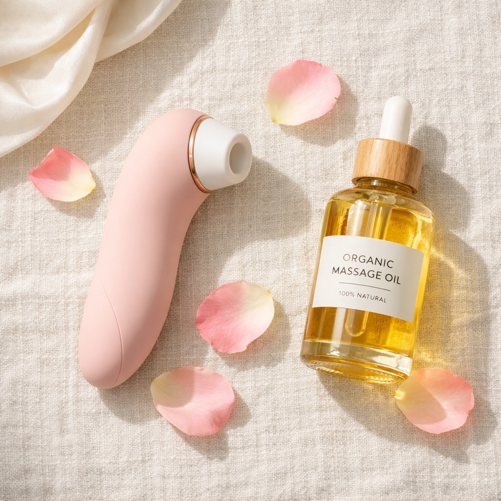 A wellness massager and intimacy oils on linen, highlighting self-care tools for sexual wellness in India.