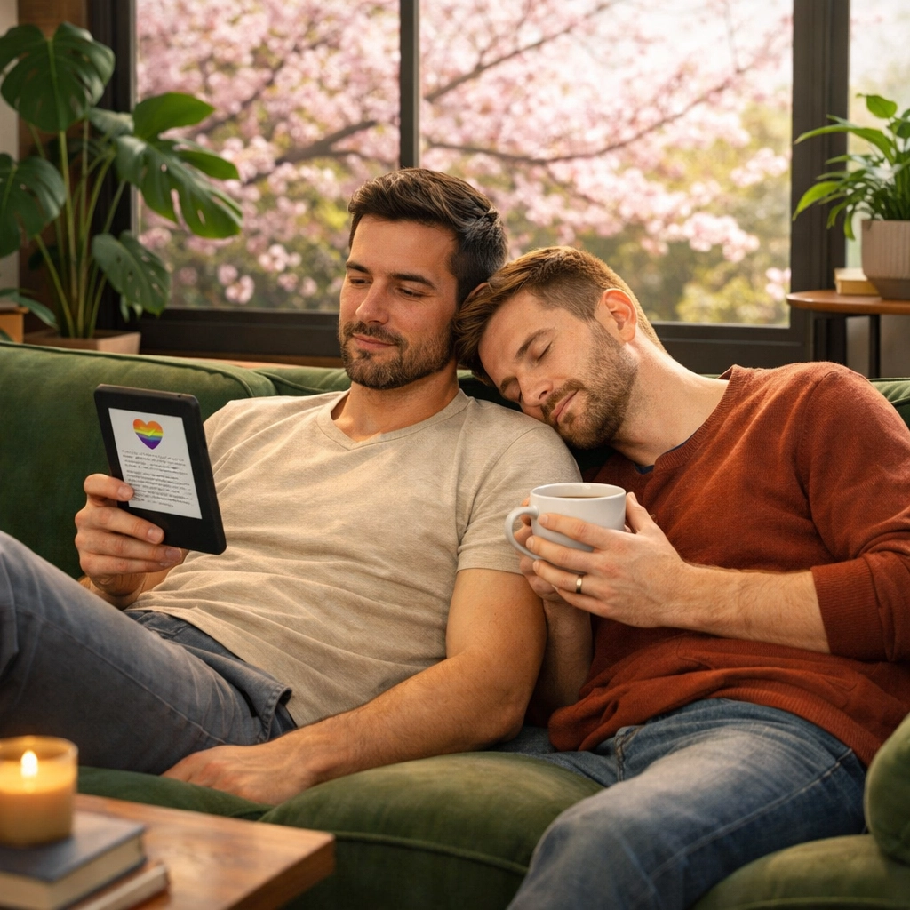 A gay couple relaxes on a sofa reading an LGBTQ+ ebook during a peaceful spring Easter afternoon.