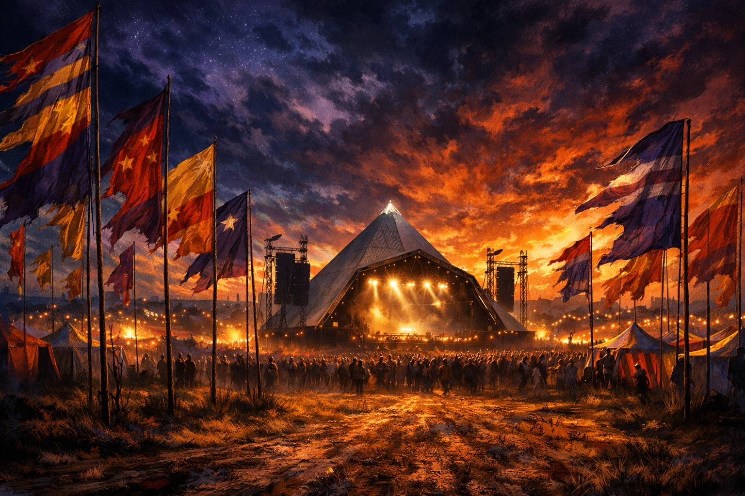 The legendary Glastonbury Pyramid Stage at dusk with colorful festival flags fluttering in the breeze.