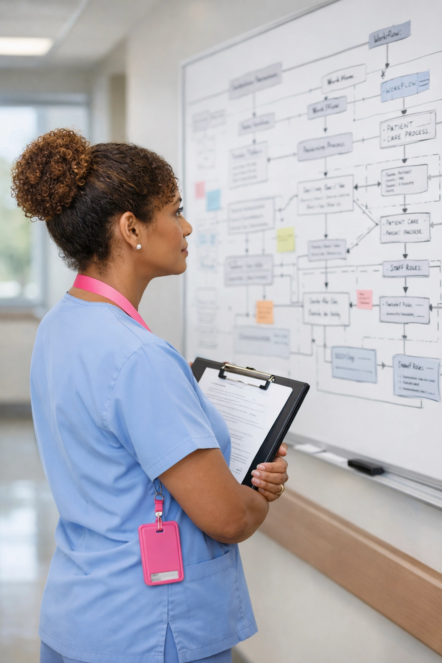 Director of Nursing reviewing complex organizational systems in nursing facility