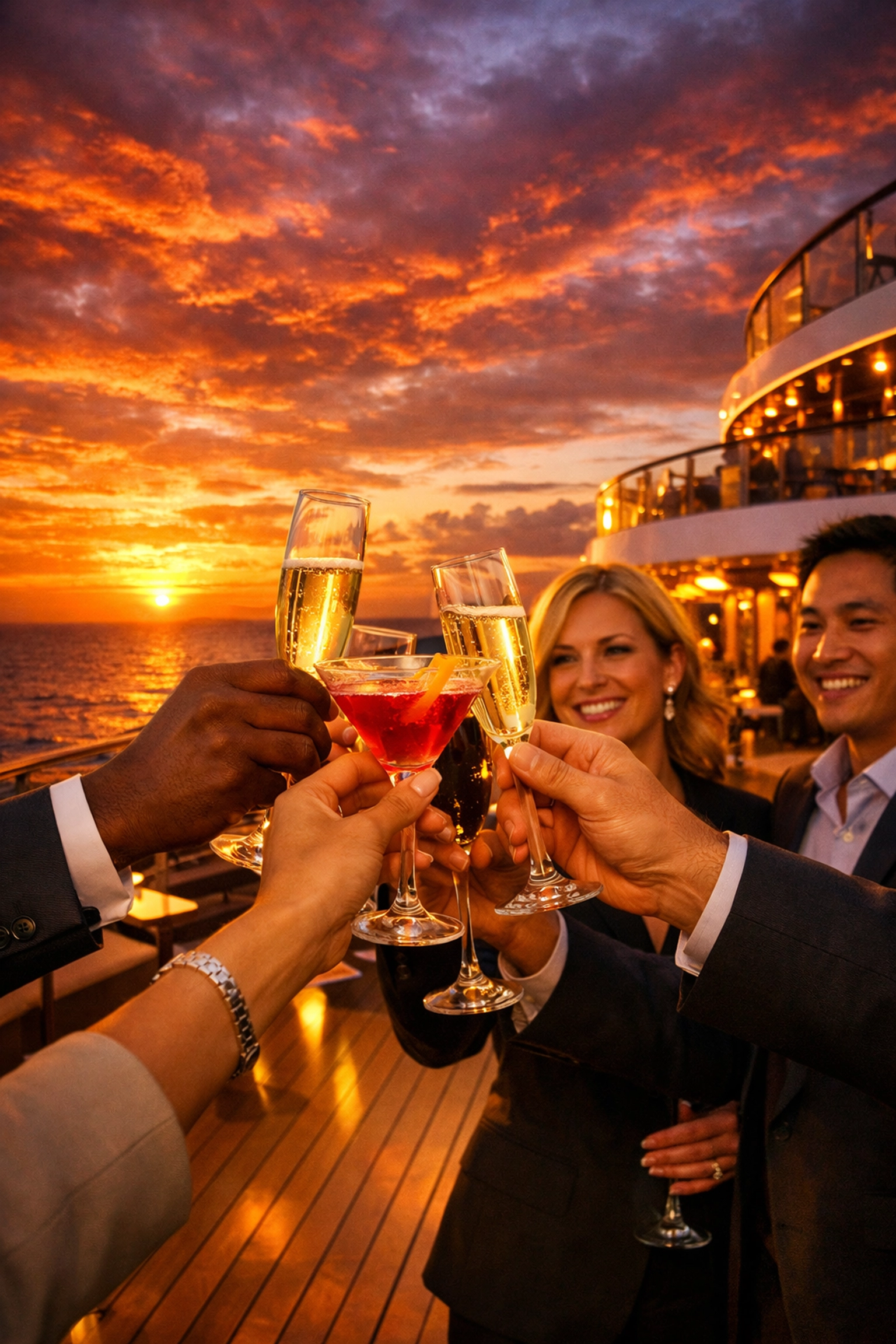 Coworkers celebrating a successful corporate retreat with a sunset toast on a cruise ship deck.