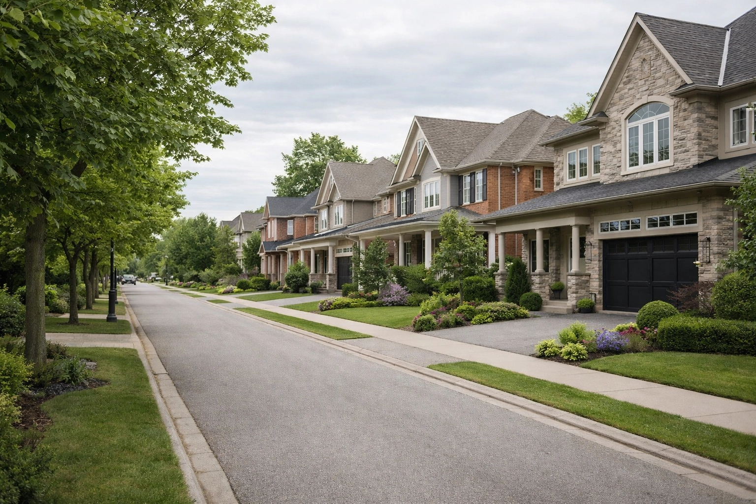 Quiet Markham residential street with well-kept homes, sidewalks, and landscaped front yards.