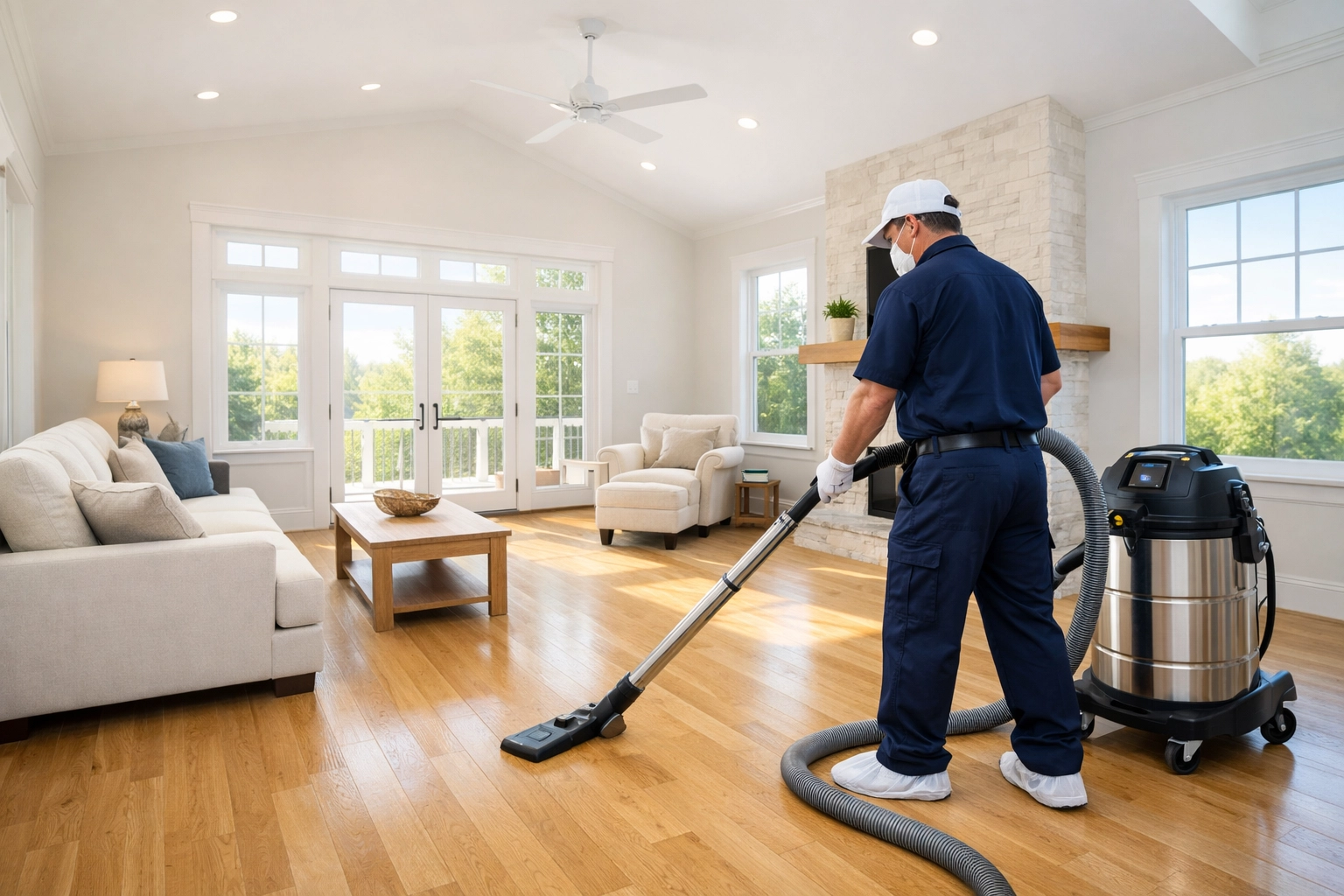 Professional cleaner using a HEPA vacuum in a renovated living room for a dust-free post-construction cleaning.