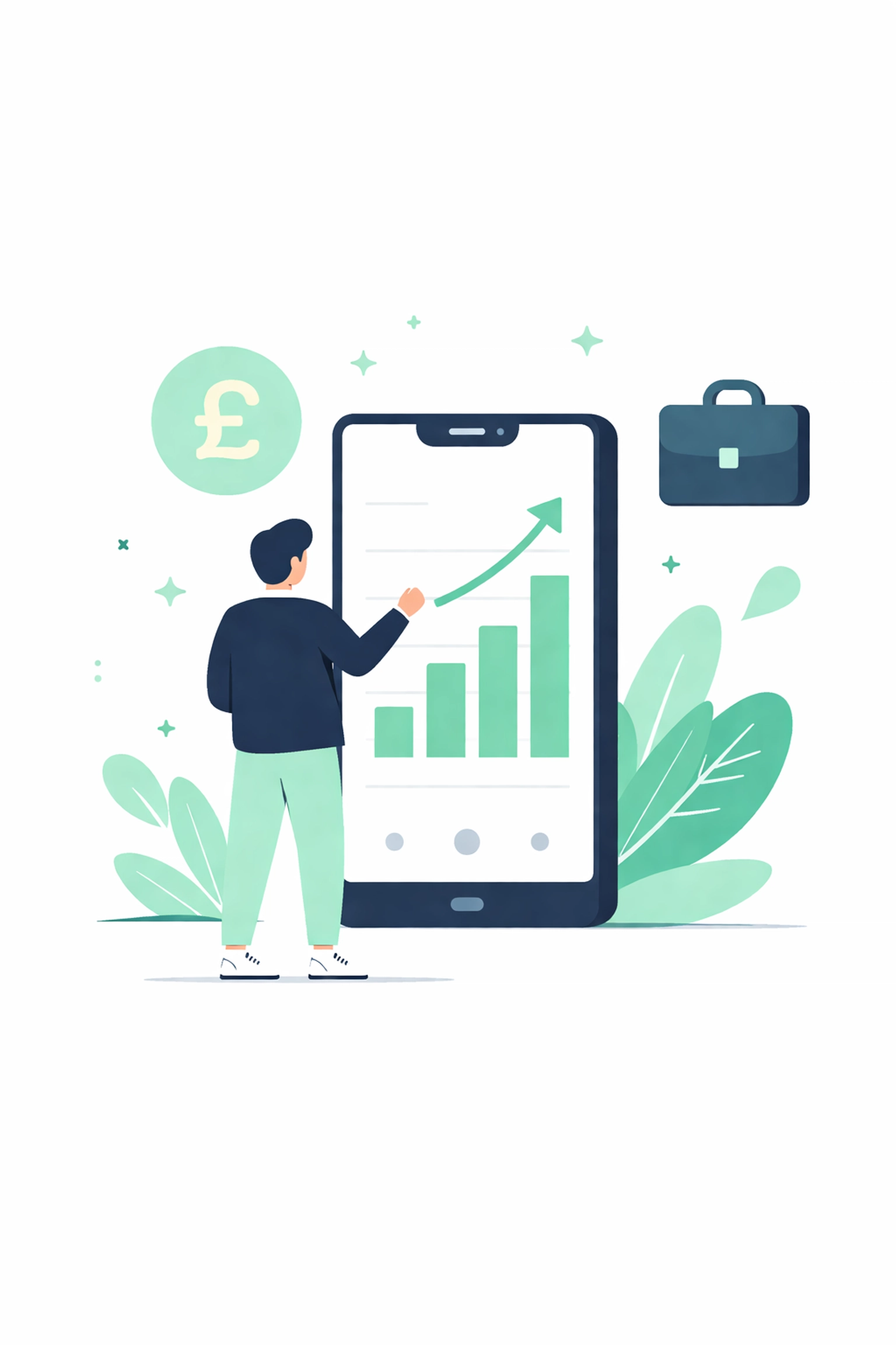 Business owner using a mobile device with financial growth charts, highlighting real-time access to accounting data