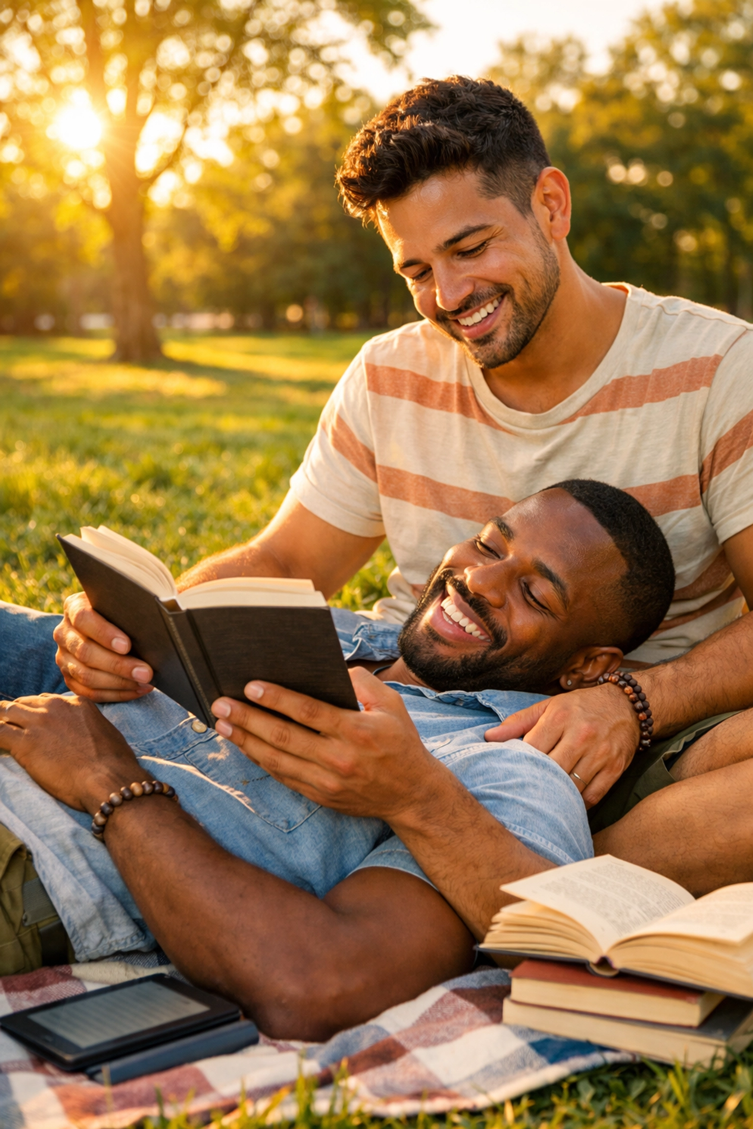 A diverse gay couple reading together in a park, celebrating authentic LGBTQ+ love stories and ebooks.