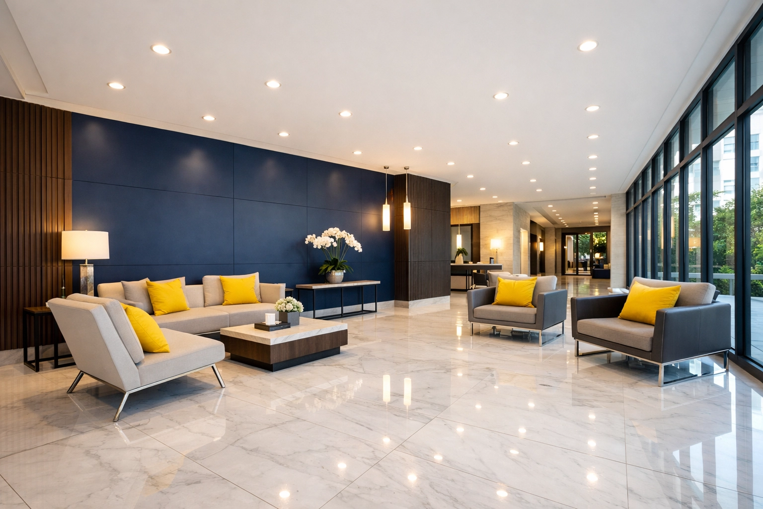 Pristine luxury apartment lobby with clean marble floors and professional maintenance.